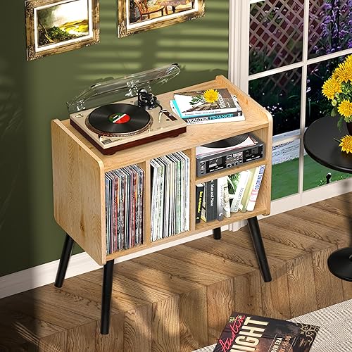 Miniatura 4 de Mesa de tocadiscos, soporte para tocadiscos de mediados de siglo con almacenamiento de vinilo con capacidad para más de 150 álbumes, gabinete de