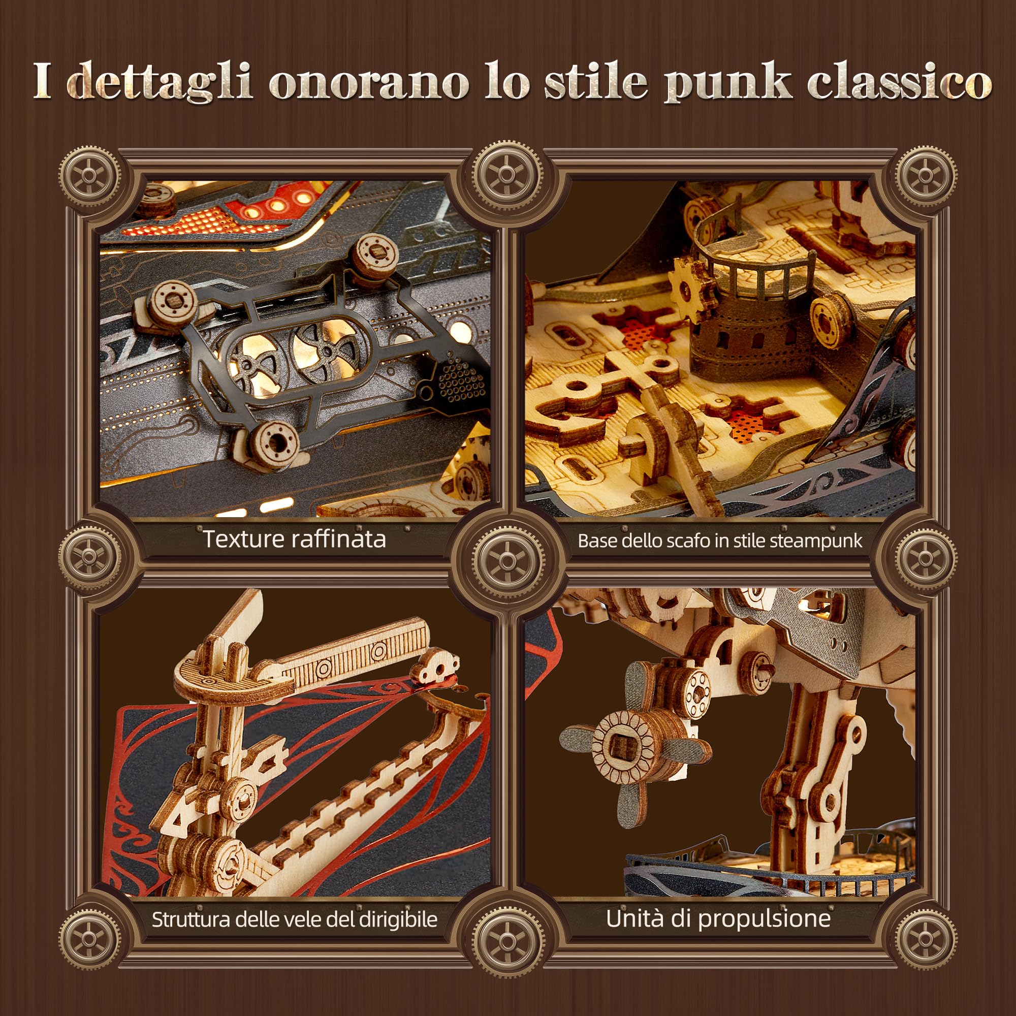 FUNPOLA LED 3D Puzzle in legno modello di dirigibile - Kit artigianale Steampunk con LED - Set di costruzione modello di dirigibile in legno per adulti (Grigio)