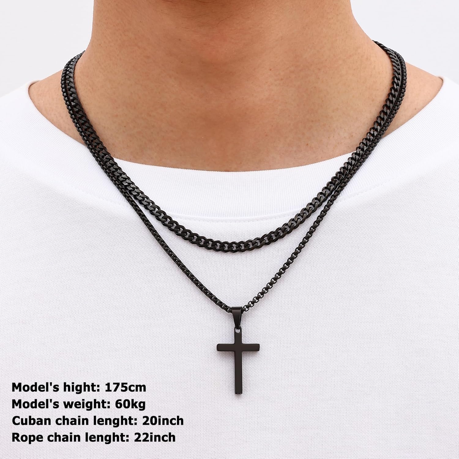 Fiusem Valentines Gifts for Him - 2 Pcs Cross Chain Necklace for Men and Women, Silver/14K Gold Plated/Black Layered Mens Cross Necklaces Stainless Steel Cross Pendant with Cuban Link and Box Chain 16-26 Inch - Image 2