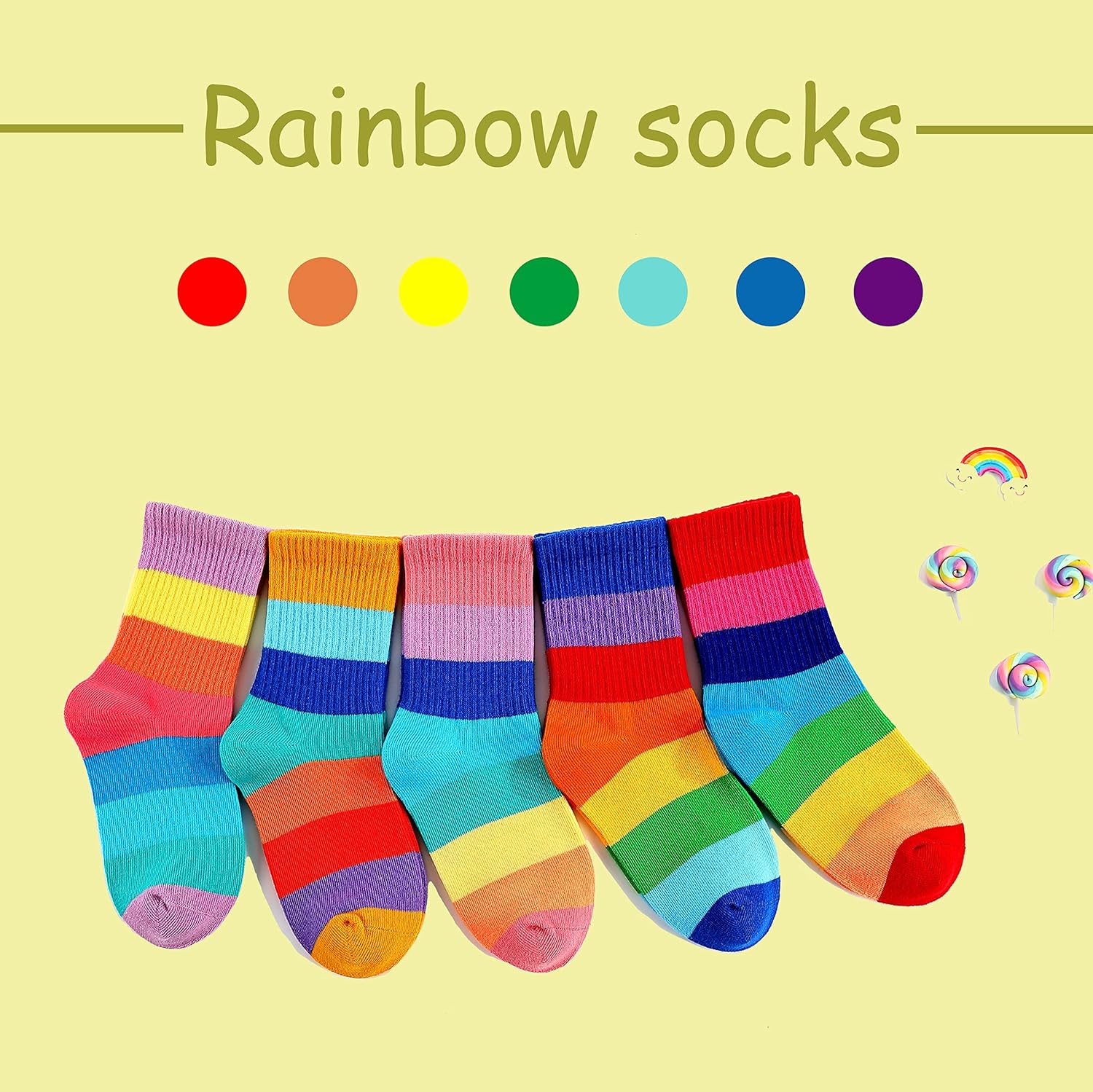 Marchare Girls Seamless Crew Cotton Socks Kids Casual Socks School Socks Rainbow Stripes 5 Pack - Image 4