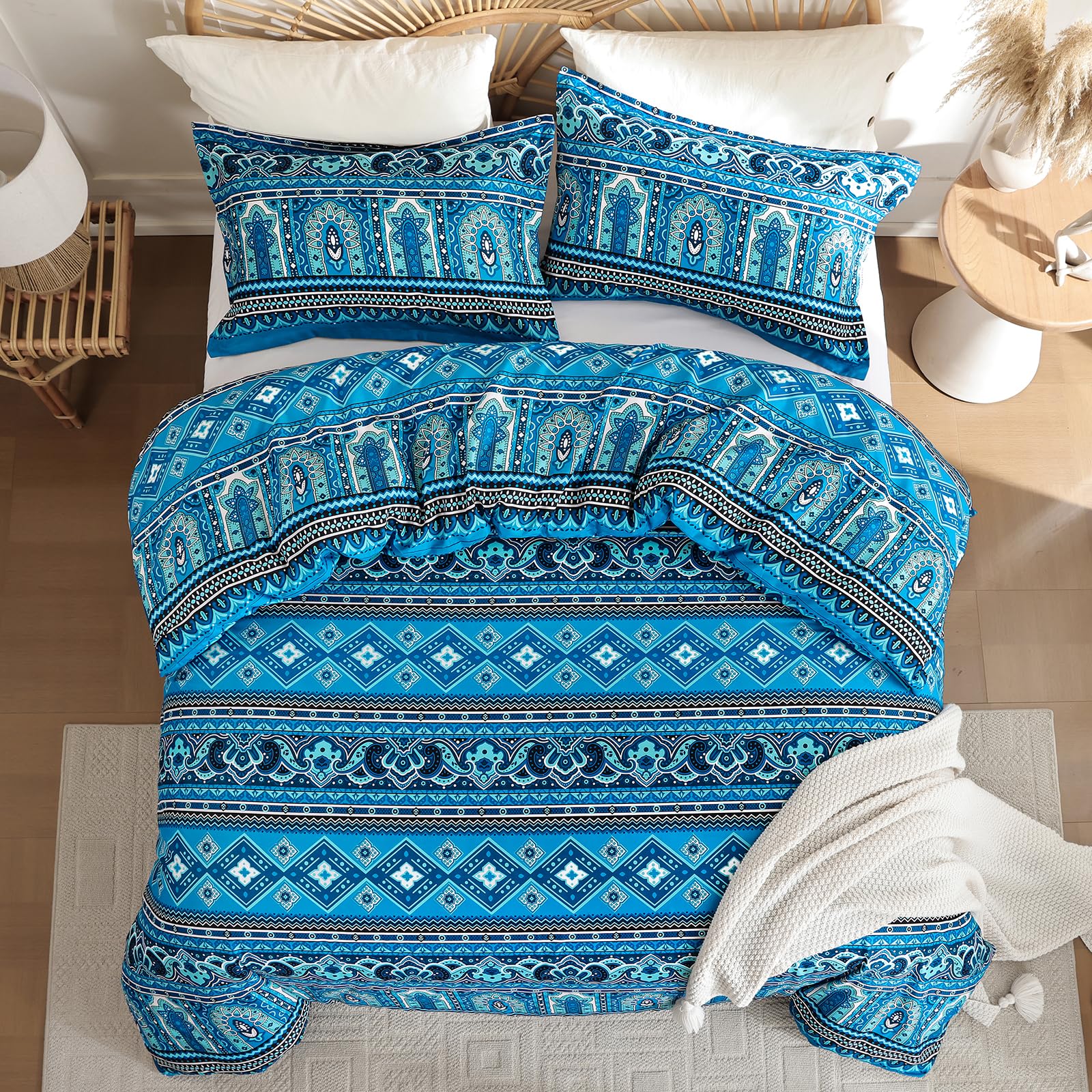 WONGS BEDDING Teal Blue Bohemian King Size Duvet Cover Sets Colorful Boho Striped Bedding Set including 2 Pillowcases Soft Microfiber Moroccan Quilt Cover with Zipper Closure 220x230cm