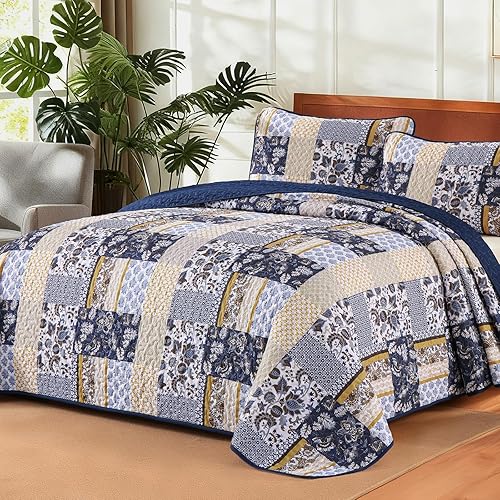 WONGS BEDDING Blue Quilt Set Queen Size, 3 Pieces Patchwork