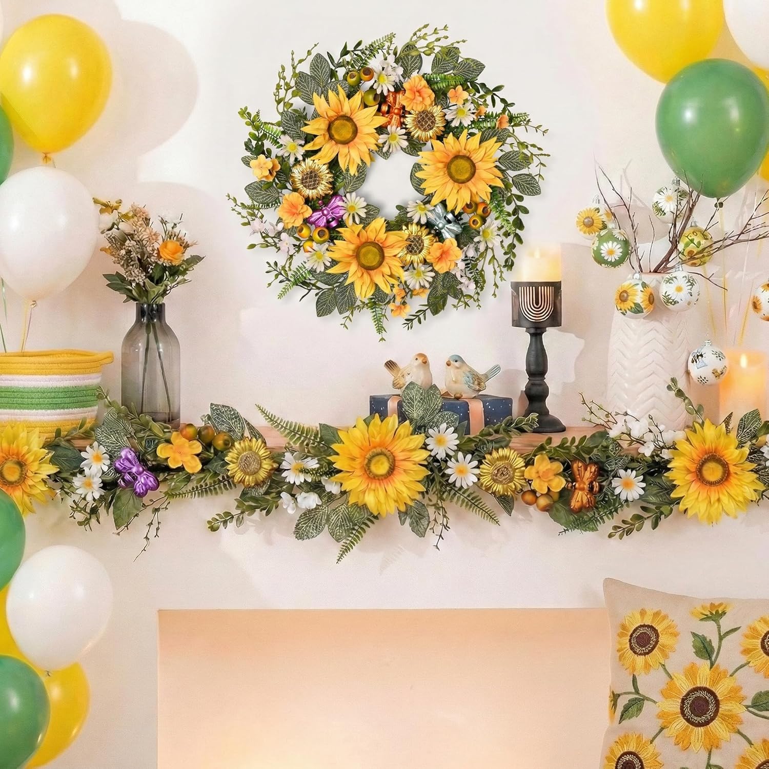 DecorbyHannah Summer Garland for Mantle, 6ft Artificial Sunflower Garland Decorations for Home with Daisy and Bee, Spring Decor for Home Table Porch, Wedding Housewarming Gift, Door Outside All Season