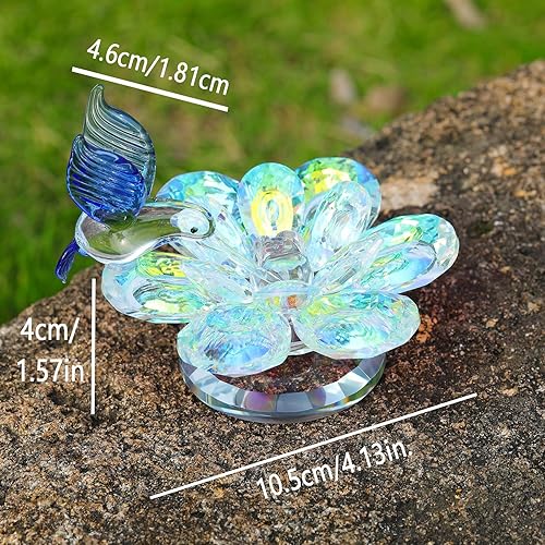 Miniatura 4 de Ornalrist Figura de flor de cristal con colibrí azul, diseño floral de loto de cristal, pisapapapeles decorativo coleccionable con base giratoria,