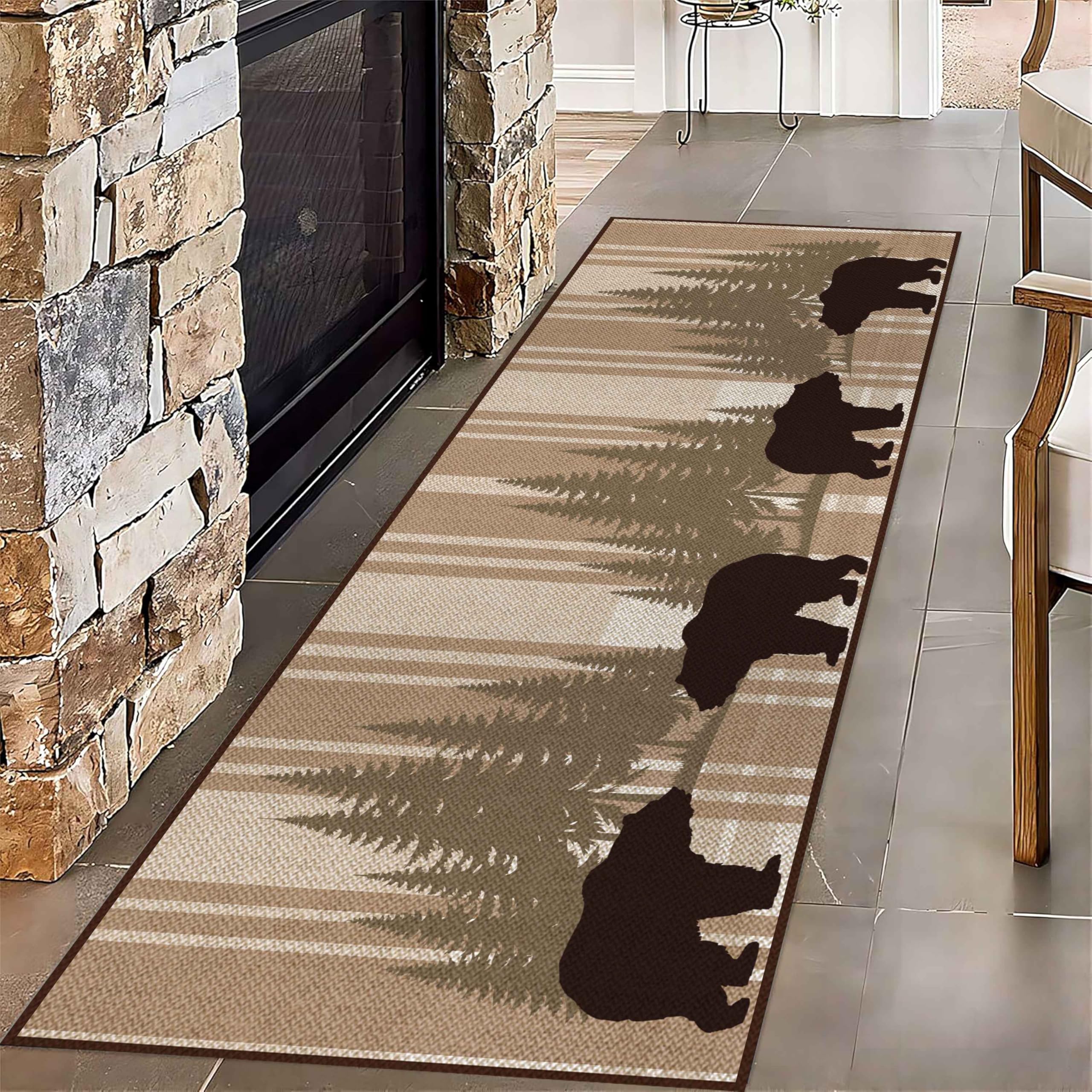 Country Bear Hallway Runner Rug, 2x6ft Rustic Cabin Black Bear Runner Rug Non-Slip Hallway Rug, Vintage Style Farmhouse Kitchen Floor Mat, Entryway