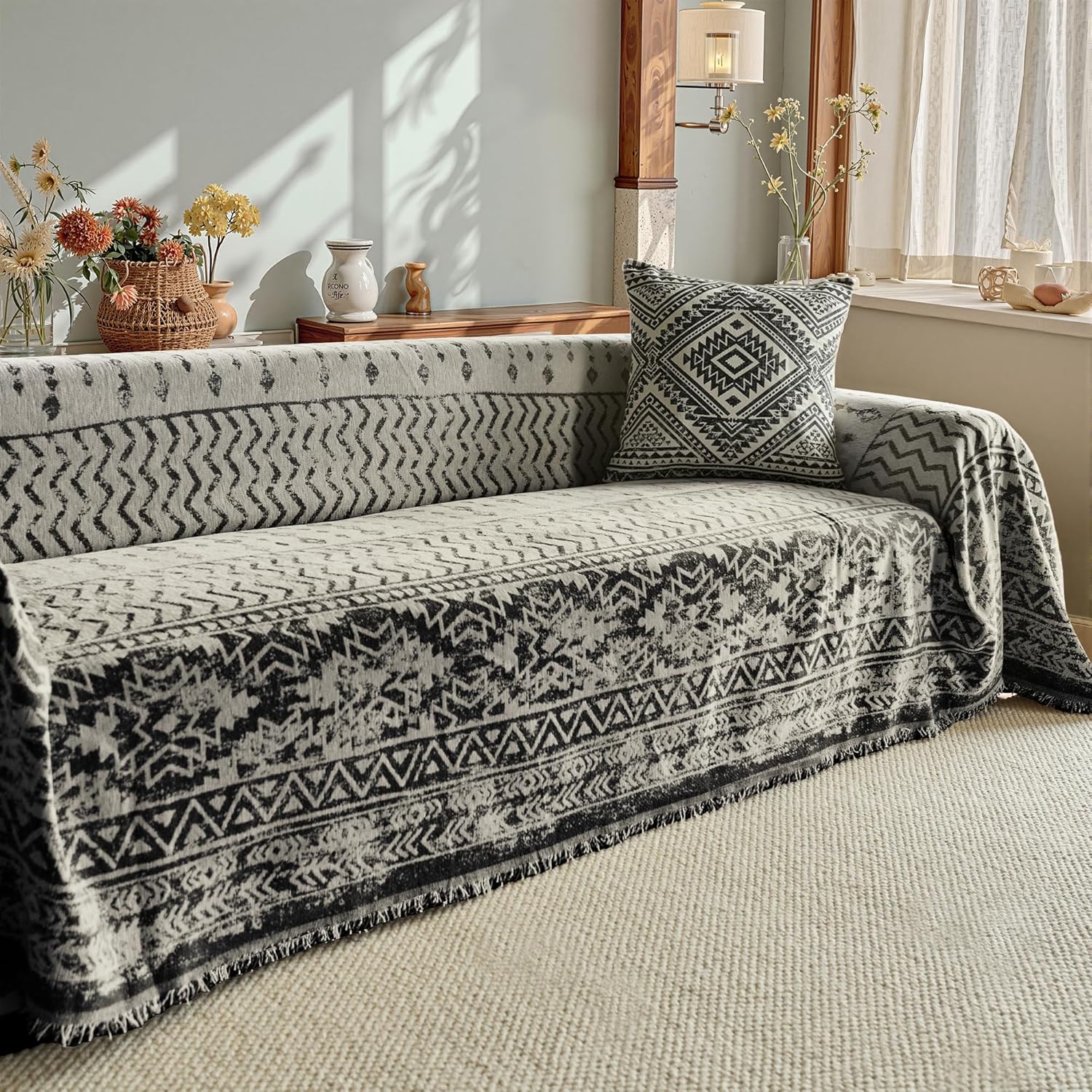 Washable Couch Covers for Sofa Soft Black Moroccan Chenille Sofa Covers for 2 Cushion Sectional L Shaped Pet-Friendly Couch Cover Blanket Crinkled Anti Scratch with Tassles 71" x 118"