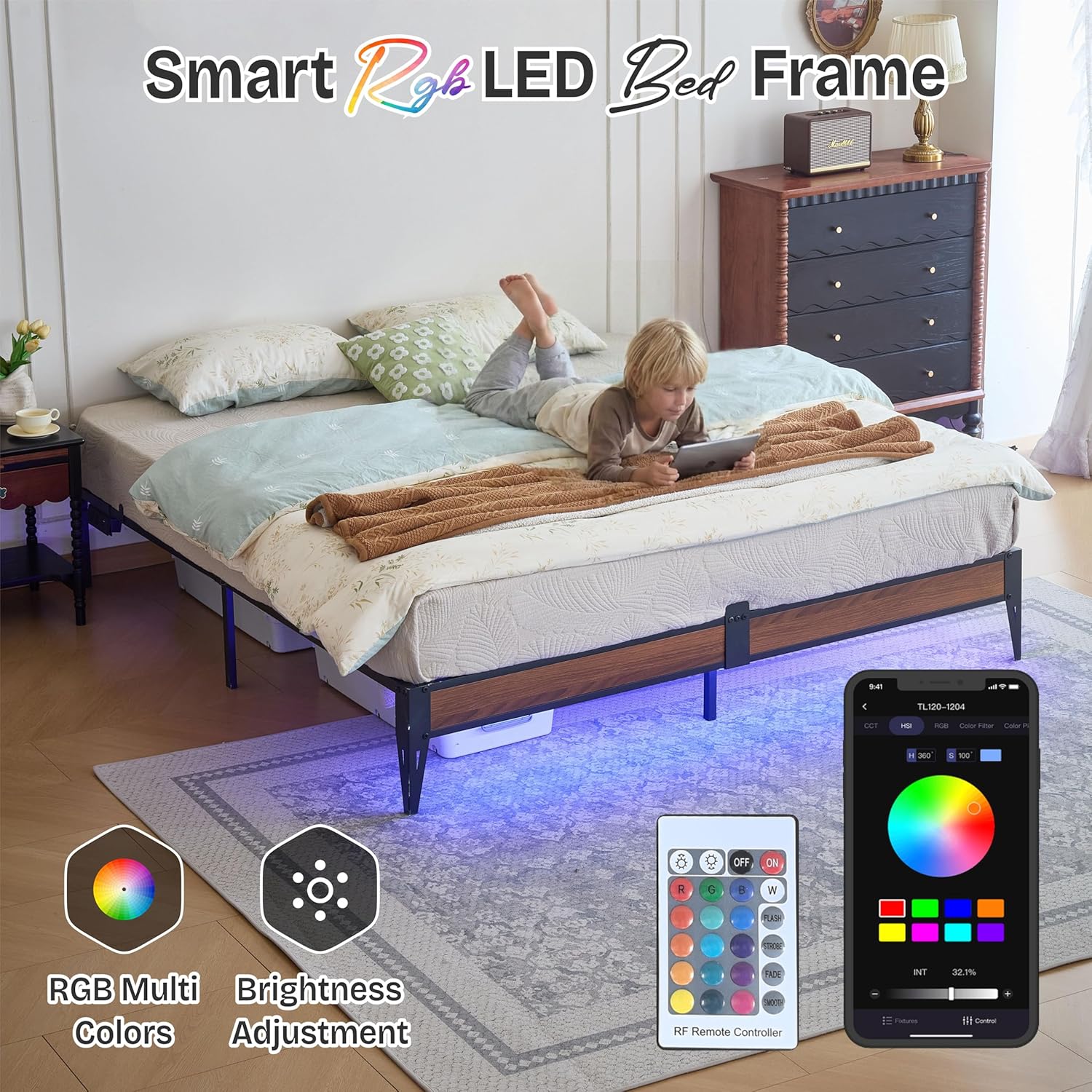 King Metal Platform Bed Frame with LED Light Strip & Charging Station, 12.6” Heavy Duty Steel Slat Support, Noise-Free, Anti-Slip Mattress Stopper, No Box Spring Needed, Easy Assembly, Black