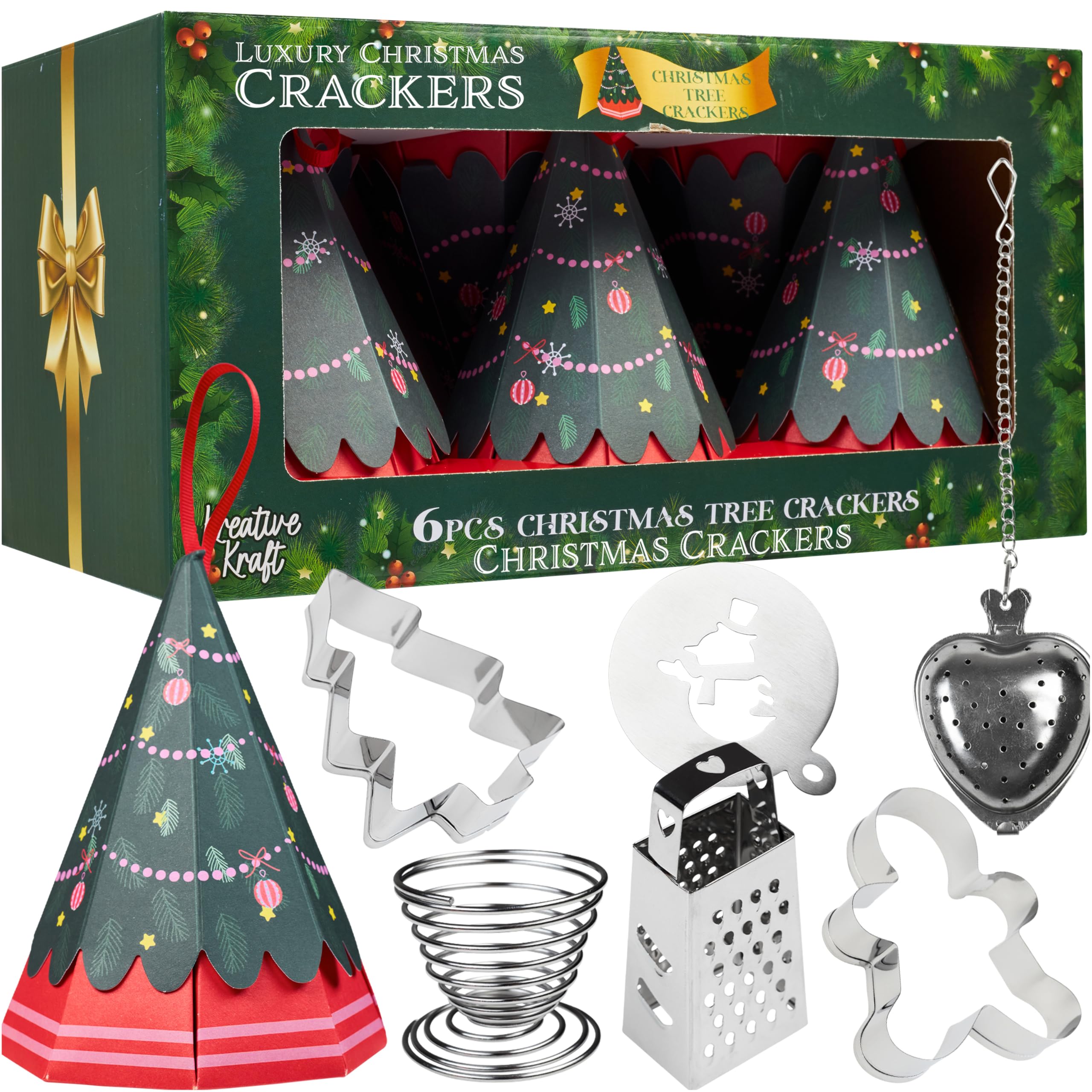 Kreativekraft Green Tree Luxury Christmas Crackers, Pack Of 6 Tree Shaped Deluxe Xmas Crackers, Mini Kitchen-Themed Fun Novelty, Party Decor