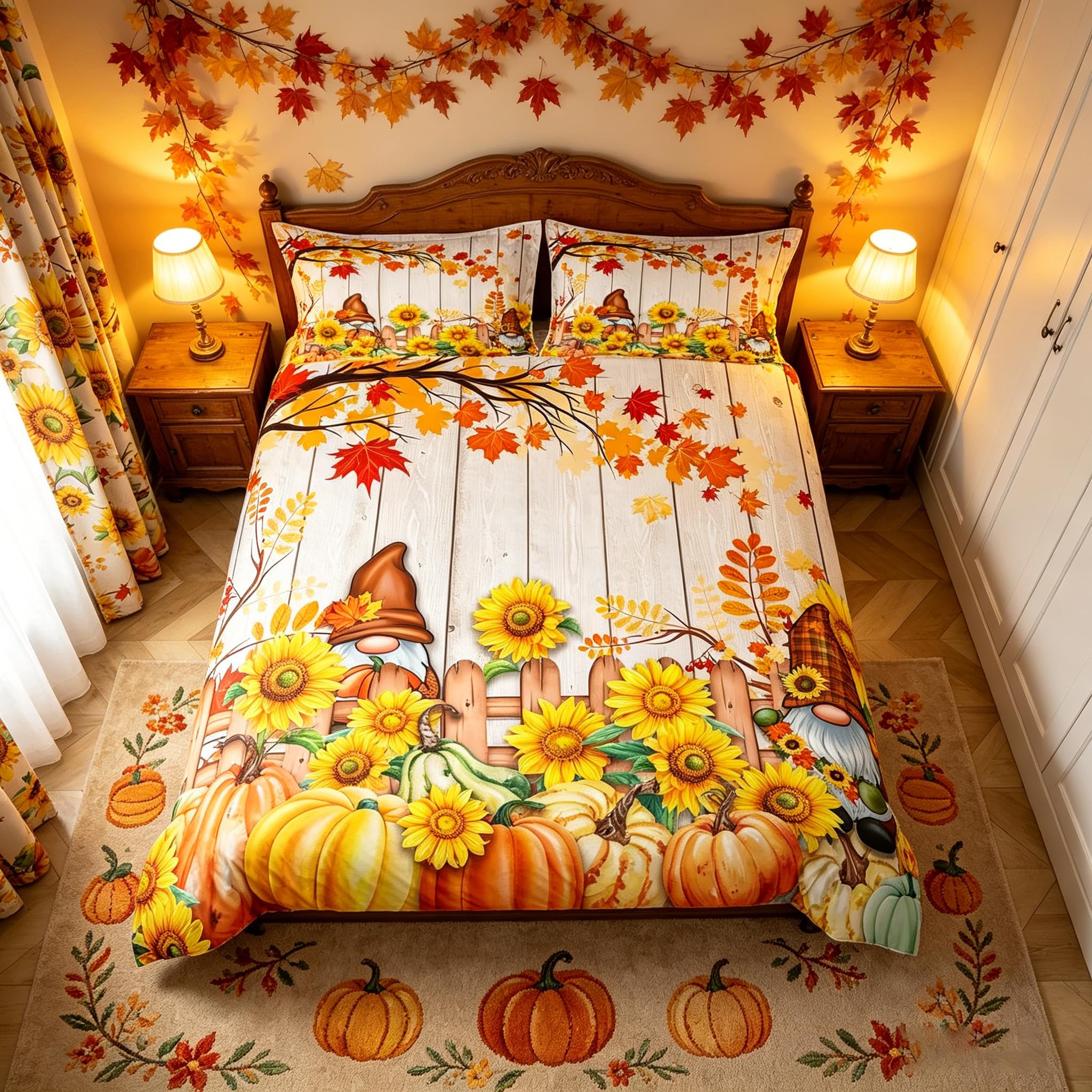 Fall Gnomes Duvet Cover Set Super King Size, Pumpkin Sunflower Leaves Comforter Cover with 2 Pillowcases, Autumn Harvest Bedding Set 3pcs for Kids Boys Girls Room Decor Lightweight Bedspread Cover