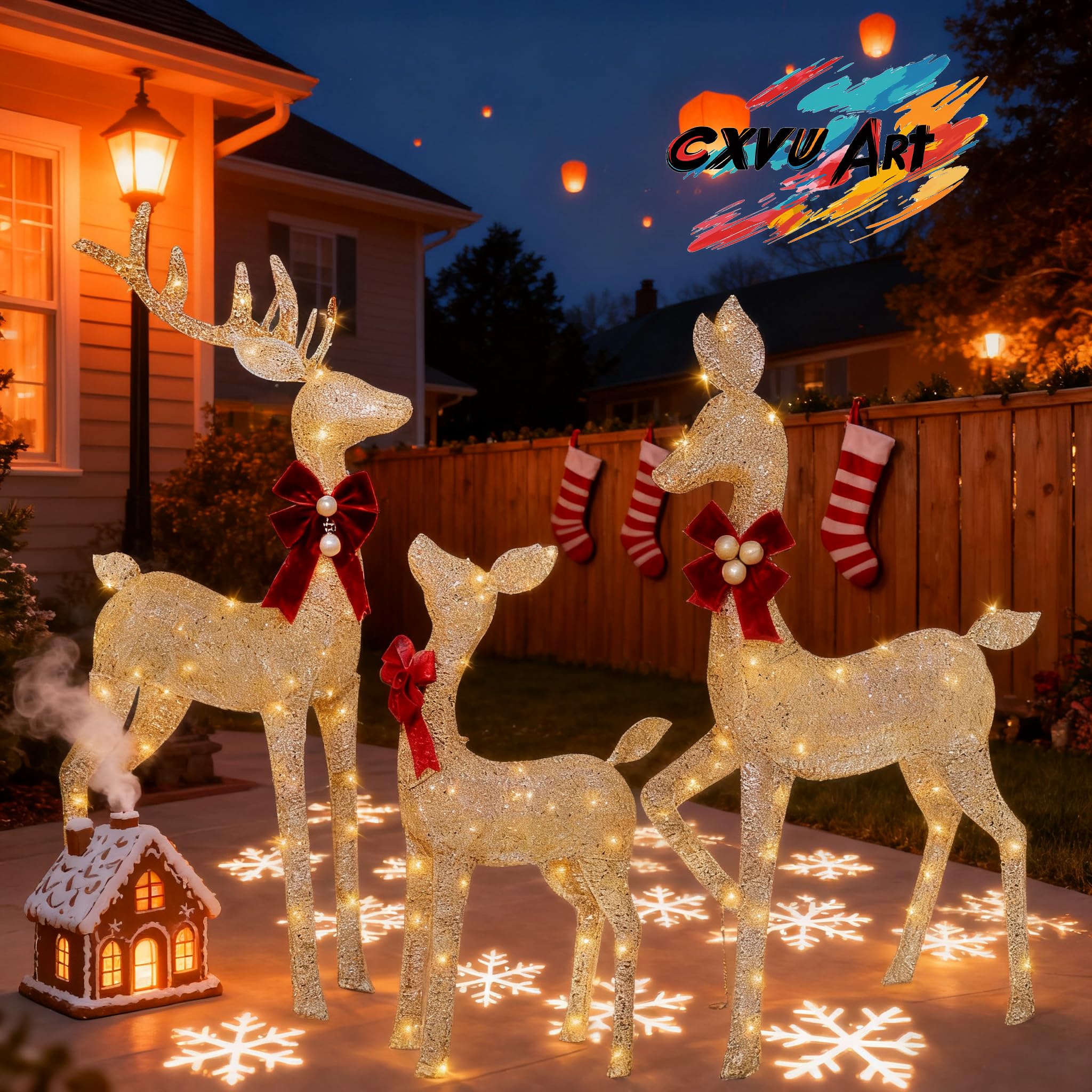 Decoración navideña de renos para patio, 3 piezas de familia de renos iluminados para decoración de Navidad al aire libre, patio, ciervos de Navidad iluminados, decoraciones navideñas al aire