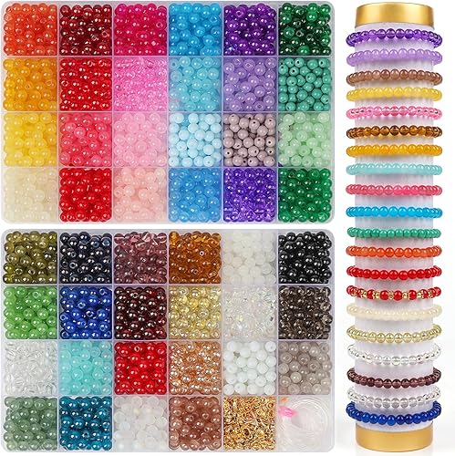XSEINO 3000 cuentas redondas de vidrio de 0.236 pulgadas para la fabricación de joyas, cuentas de cristal de 46 colores para pulseras, fabricación