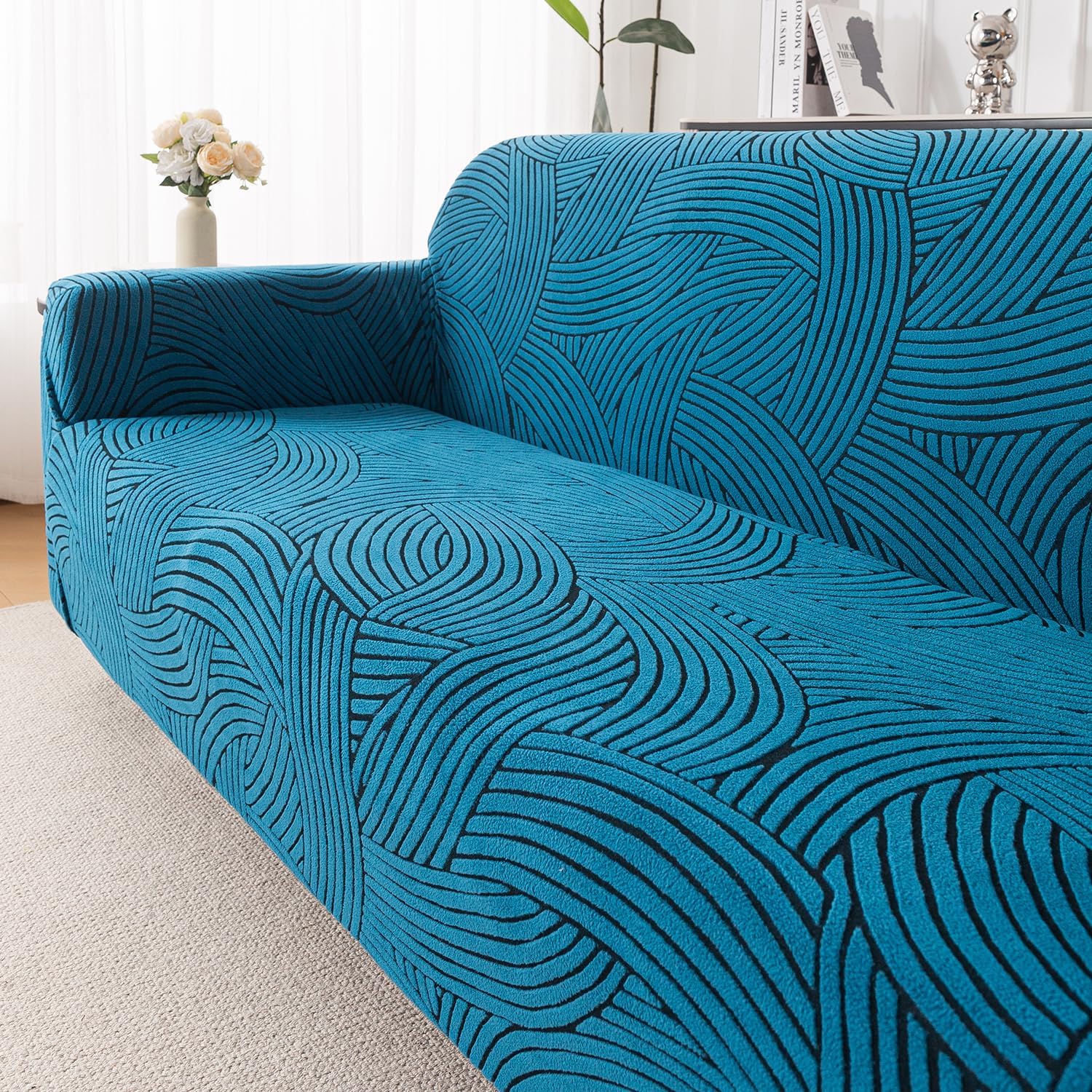 HOKIPO 'WaveLine Series' 180 GSM Jacquard Sofa Cover 3 Seater Fully Covered, Teal Green (NEW-AR-5913-D3)-image-47