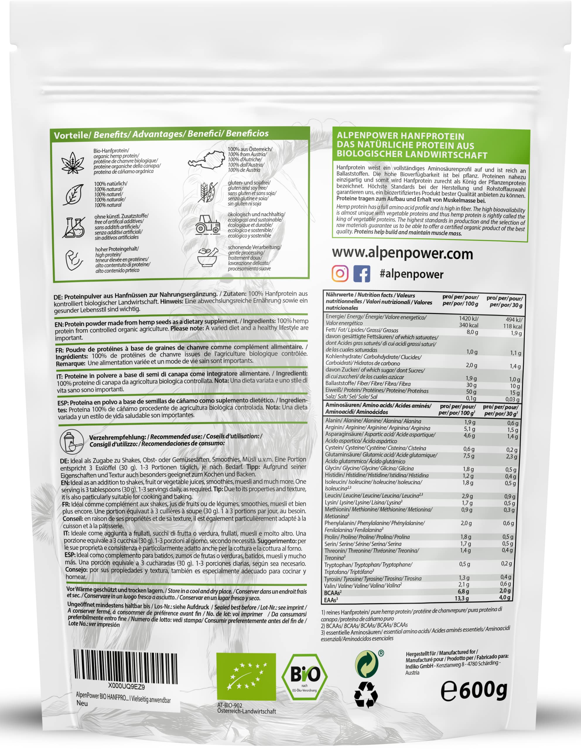 AlpenPower BIO Protéine de Chanvre 600 g - 100% pure protéine de chanvre sans additifs - Vegan & low carb - Poudre de protéine de haute qualité - Polyvalent