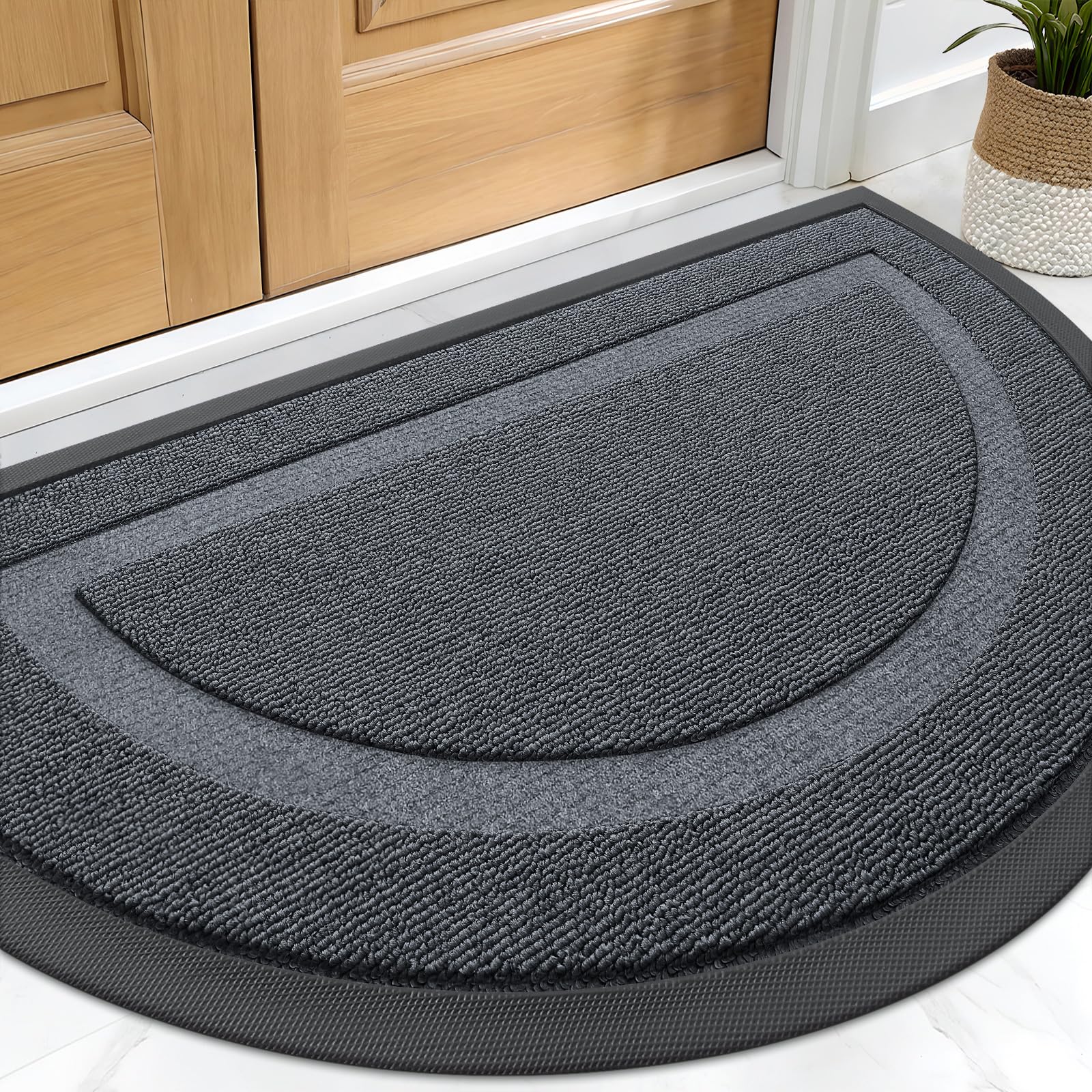 OLANLY Half Circle Front Door Mat Outside 29.5x17 All-Season Rubber Doormat | Charcoal Gray, Absorbent, Heavy-Duty, Stain and Fade Resistant, Non-Slip Backing, Low-Profile Indoor Outdoor Entryway Mat