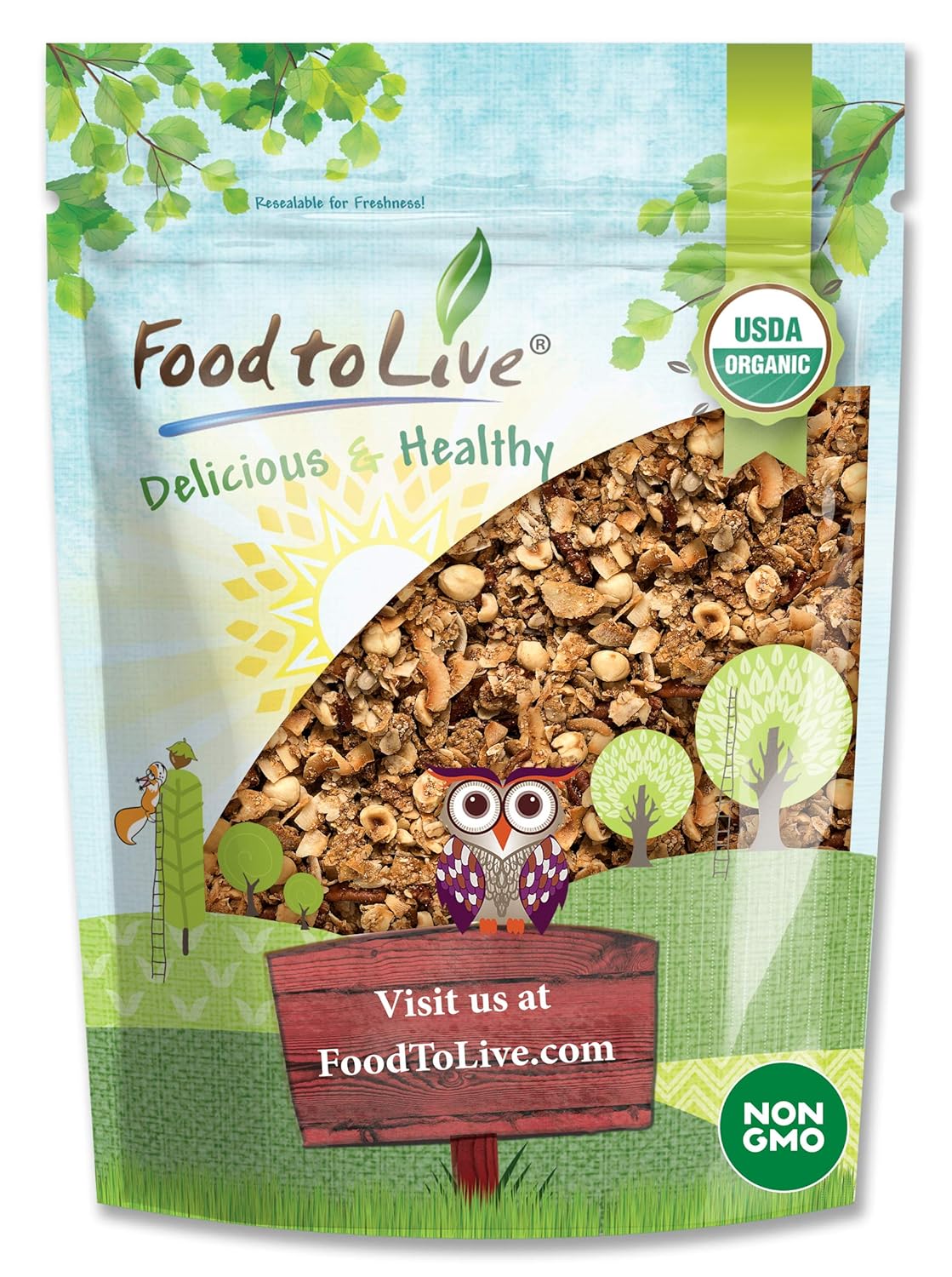 Food to Live Organic Golden Crunchy Granola, 1.5 Pounds - Small Batch, Handcrafted, Bulk, Great as Snack for Breakfast Cereals, Contains Hazelnuts, Pecan Nuts, Almonds, Coconut, Flax Sunflower Seeds