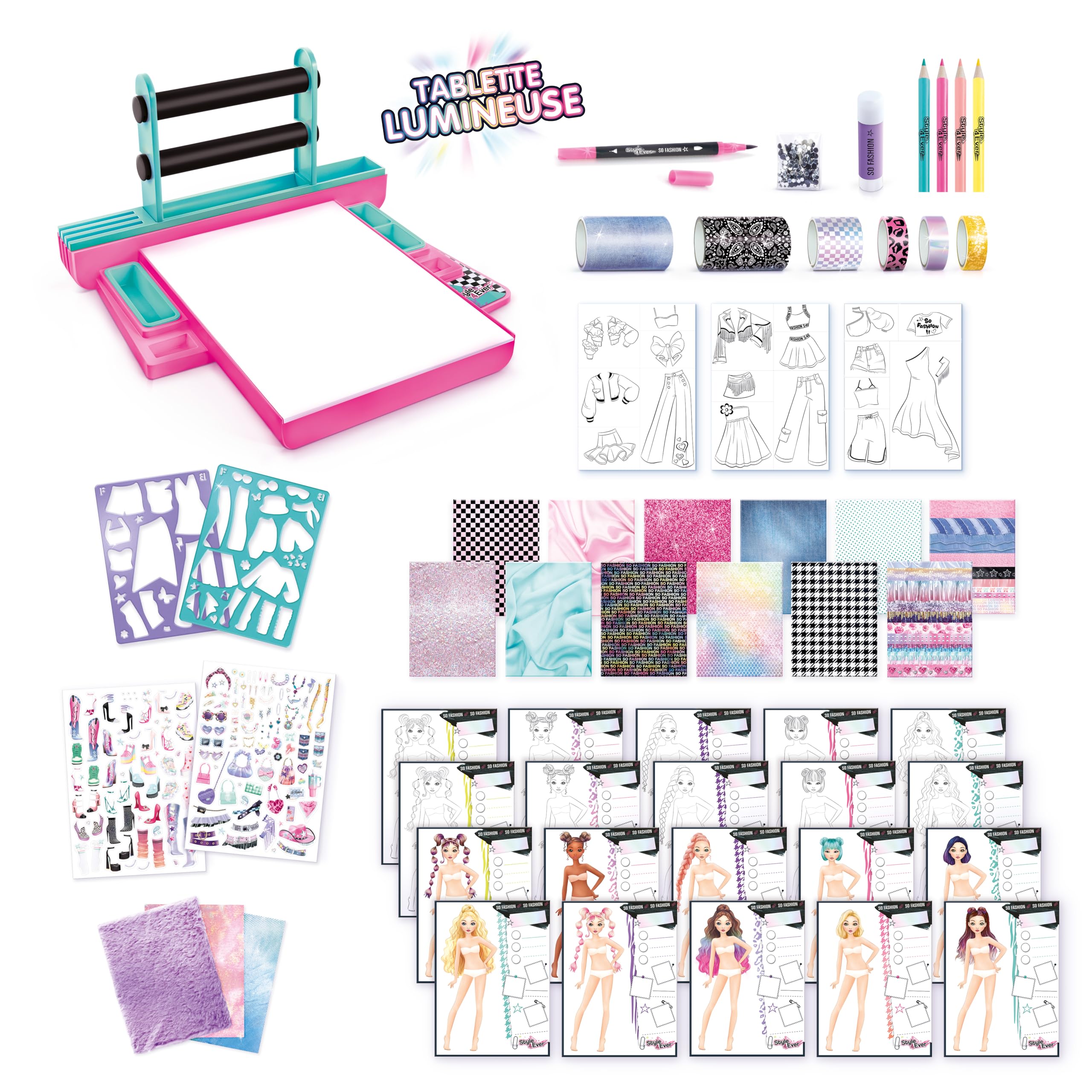 Canal Toys - Style 4Ever - Fashion Designer Studio con Luz y Telas | Con Luz LED, Plantillas Electroestáticas, Telas Reales, Lápices de Colores, Rotulador, Gemas, Cintas Adhesivas y más