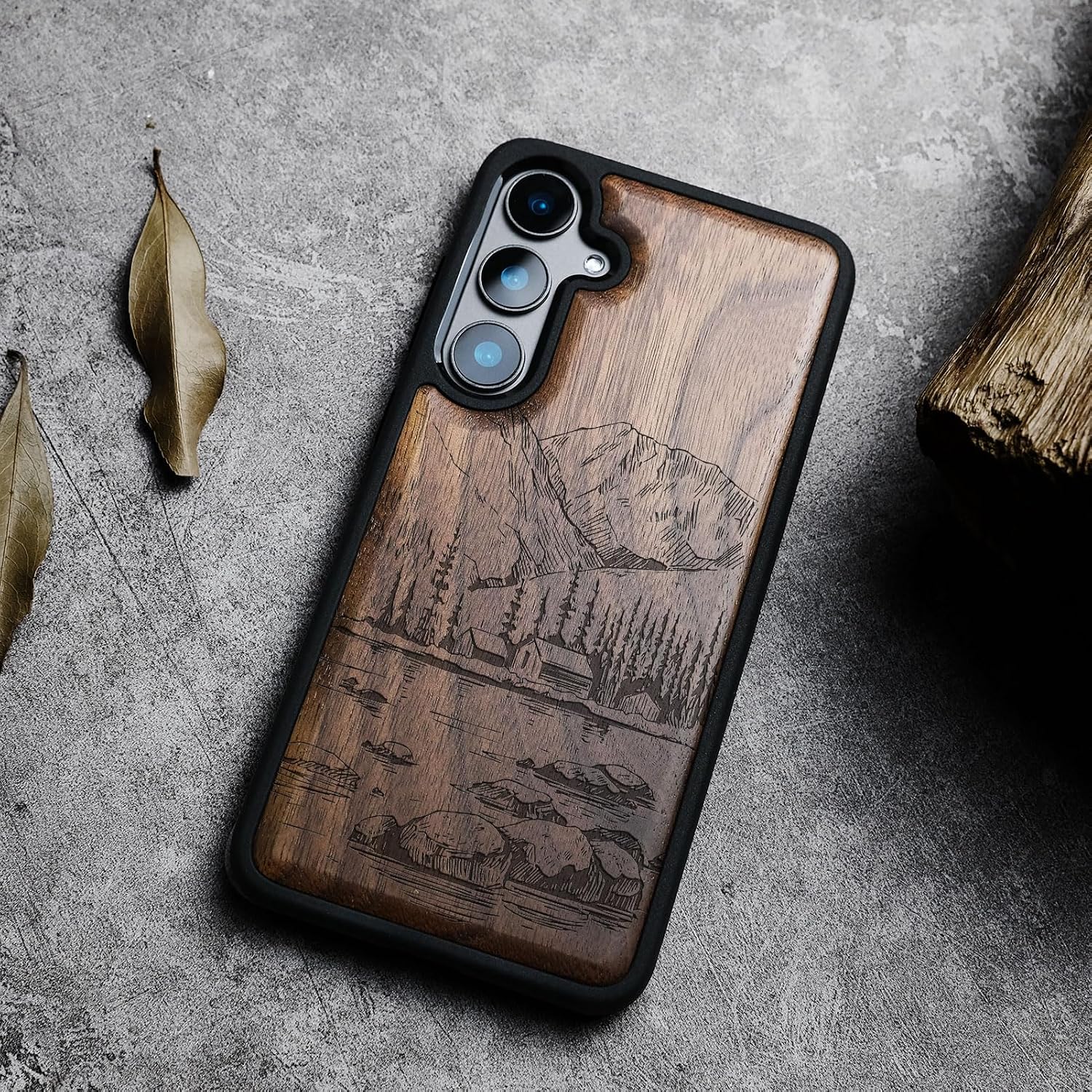 Carveit Wood Case for Galaxy S24 Plus Case [Natural Wood & Black Soft TPU] Shockproof Protective Cover Unique Wooden Design Compatible with S24 Plus (Lakes and Mountains-Walnut)