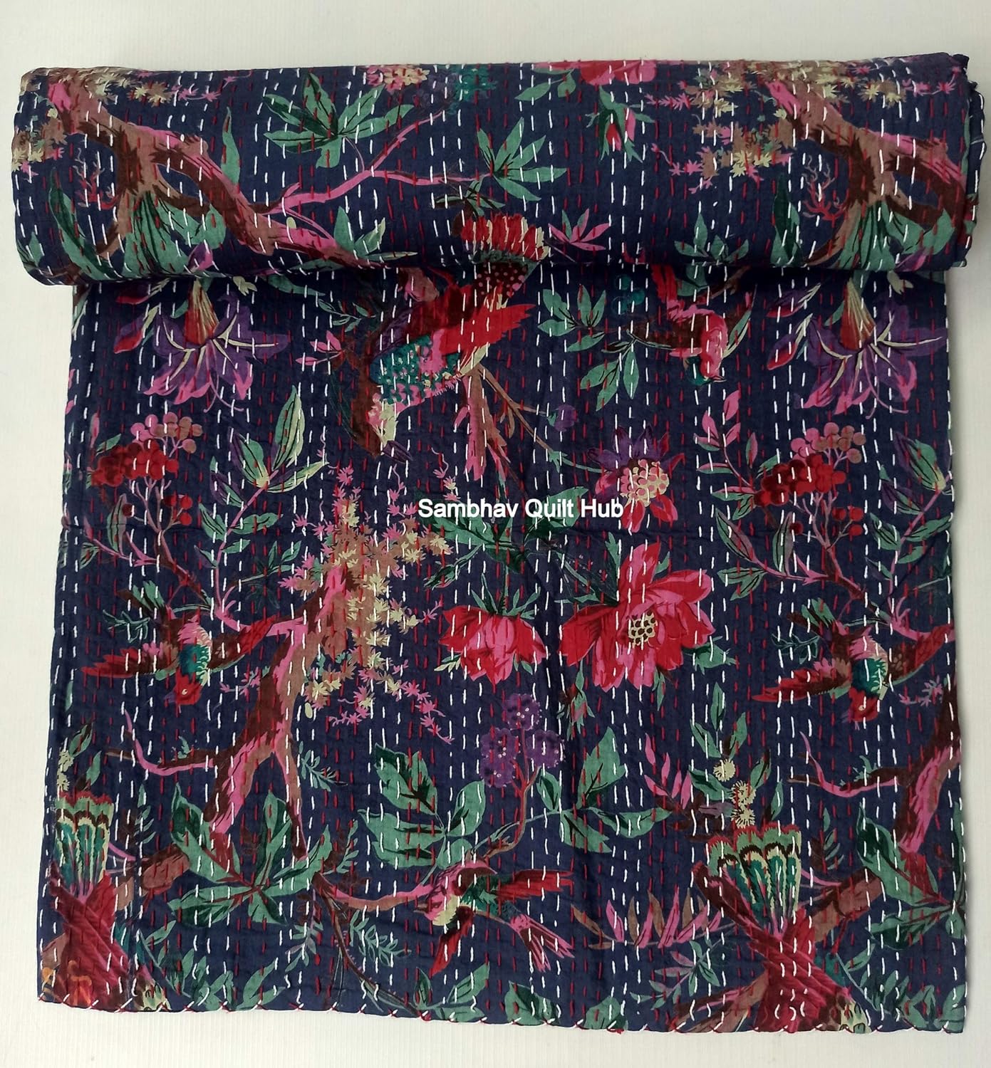 Blue Floral Bird Kantha Quilt 2 Pillow Reversible Kantha Bedding Quilt Bedspread Blanket Hippie Bohemian Kantha Quilting King/Queen Home Decor Bird Kantha Quilt with 2 Pillow Cover (60X90 inches)