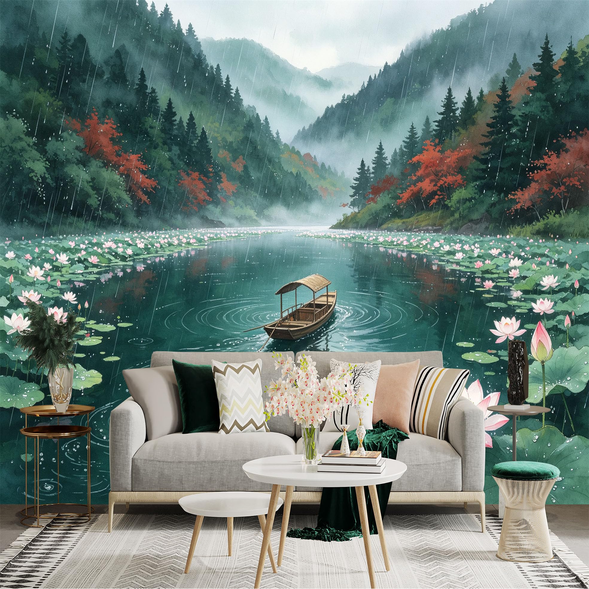 Custom Size Wall Sticker Mural， Rainy Landscape with Lotus Pond， Traditional Wooden Boat， Misty Mountains， for wall Decoration， peelandstick wall Decals.