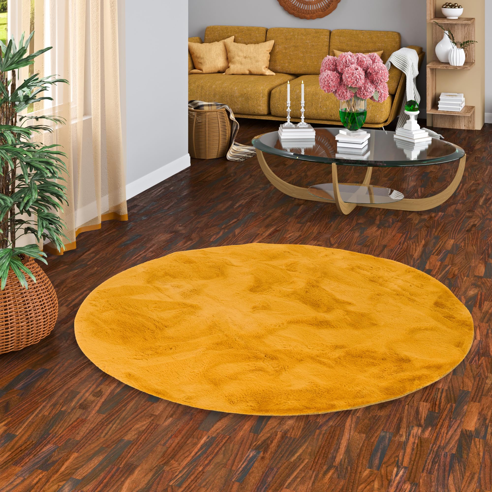 Pergamon Luxus Super Soft Fellteppich Plush Curry Rund in 3 Größen