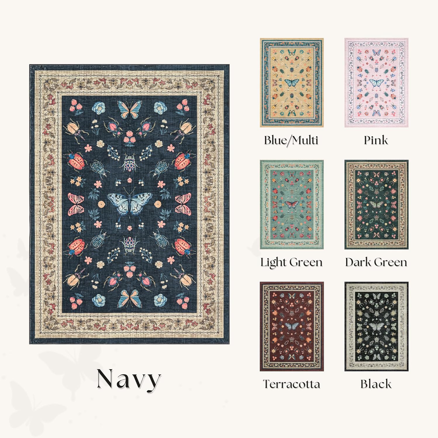 Navy Blue Area Rug for Bedroom Dorm Beetle Butterfly Floral Pattern Rugs 5x7 Vintage Natural Cottagecore Soft Low Pile Carpet with Non Slip Washable Navy Rug for Living Room Dining Room 5 x 7