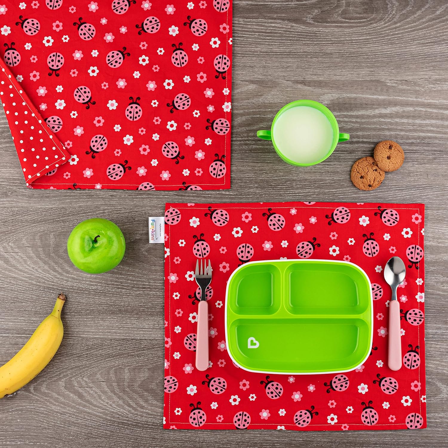 Funkins Reusable Cloth Placemats for Kids & Lunch Boxes | Reusable, Eco-Friendly | 15"x13", 2-ply, Thick, Absorbent, Machine Washable | Set of 2 Placemats (Ladybugs) : Home & Kitchen