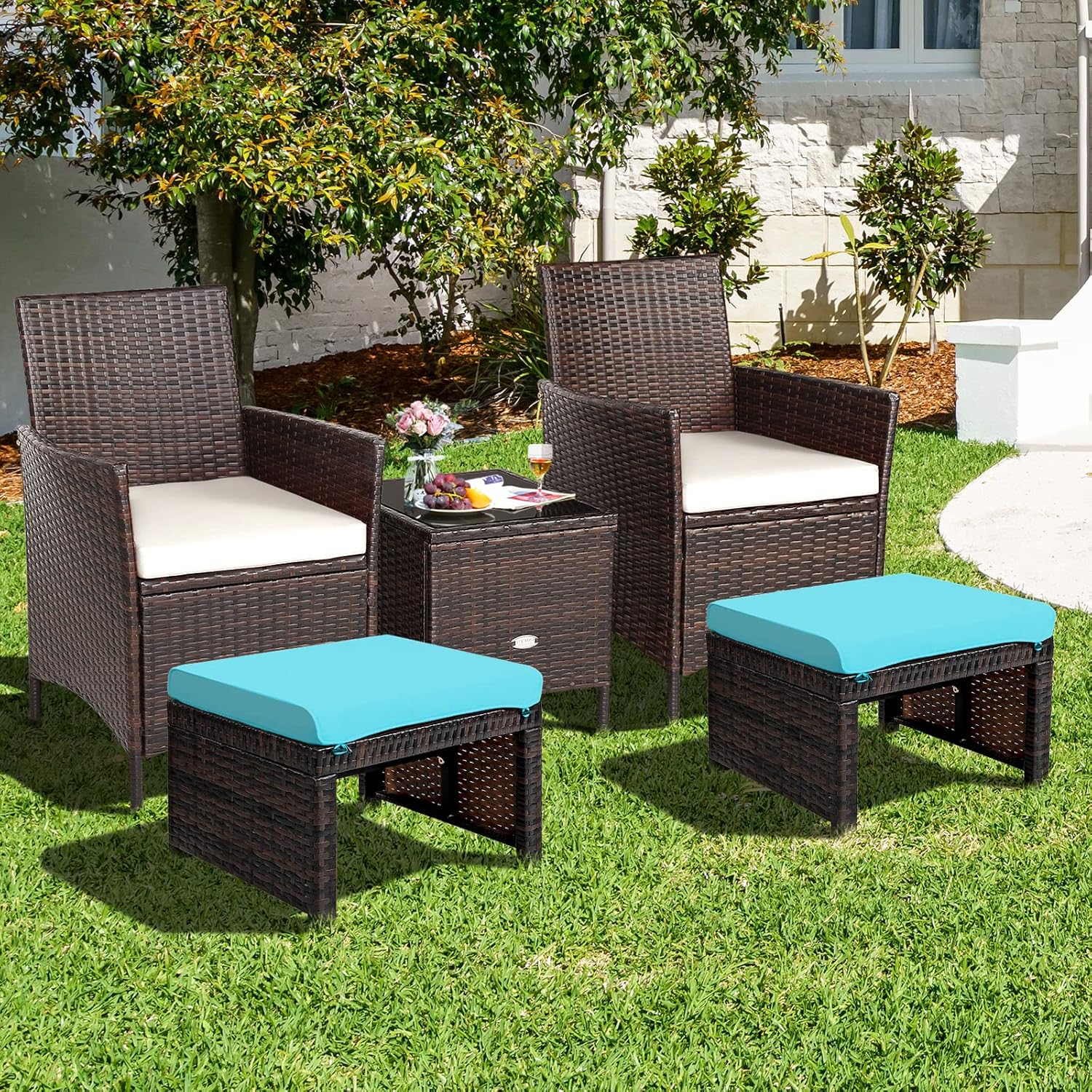 RELAX4LIFE 2-Piece Wicker Outdoor Ottoman, Rattan Footrest Set of 2 with Removable Cushions, 3-in-1 Foot Stool, Side Table & Additional Seating, Outdoor Footstools for Patio Backyard (Turquoise)