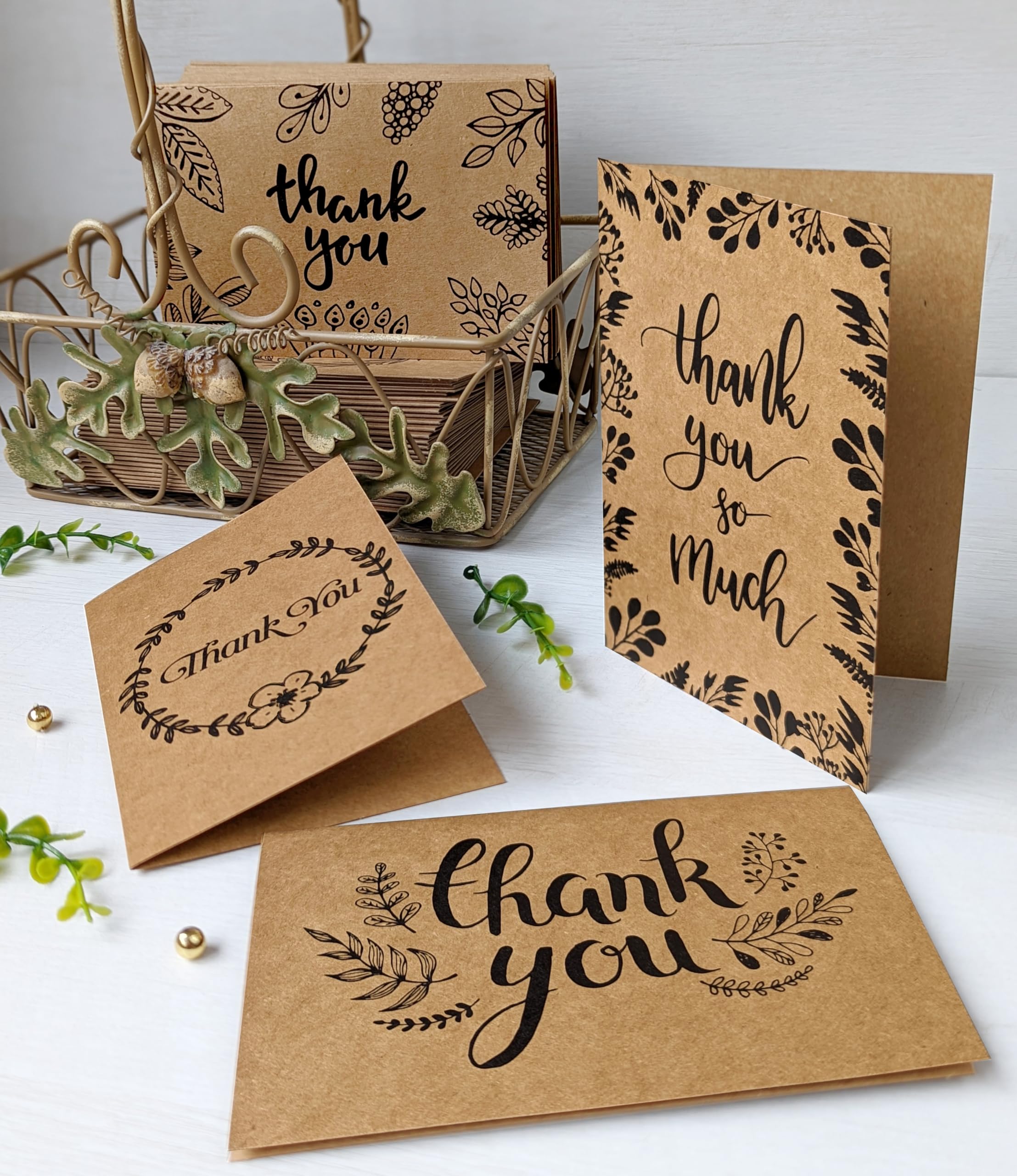120 elegantes tarjetas de agradecimiento de papel kraft con sobres y pegatinas de papel kraft – 6 diseños de notas a granel con letras negras para bodas, negocios, formales, 4 x 6