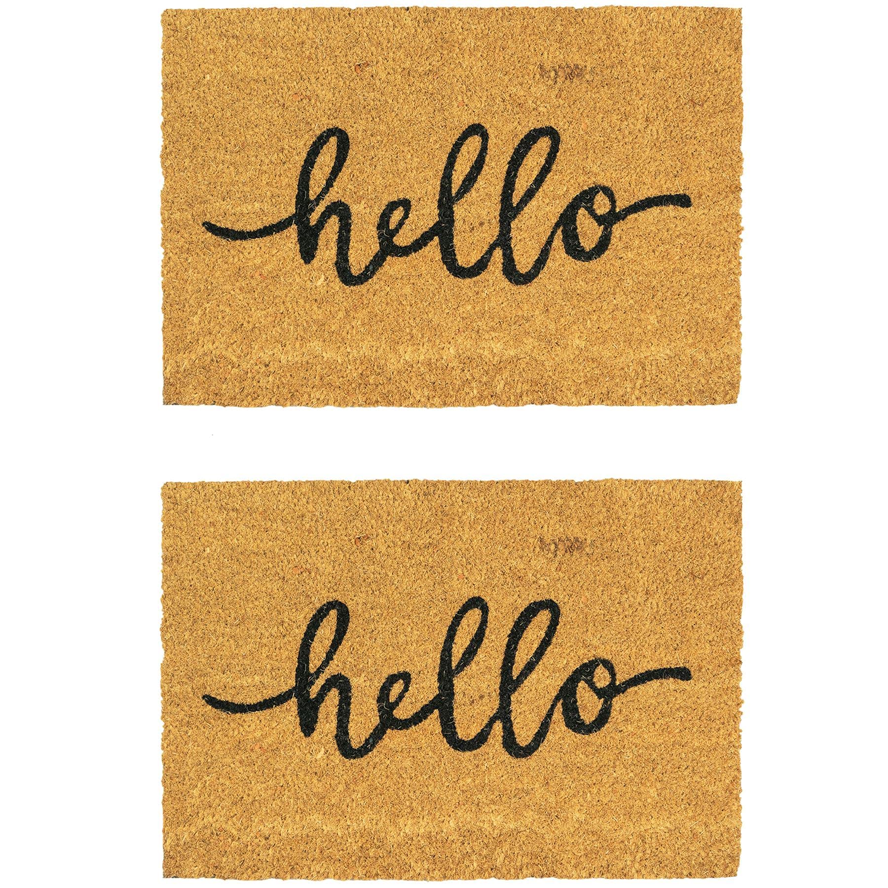 Nicola Spring Coir Door Mats - 90 x 60cm - Hello - Pack of 2 - Decorative Indoor Front Door Floor Mat Entry Dirt Trapper Rug Outdoor Boot Scraper Non Slip Backing Doormat