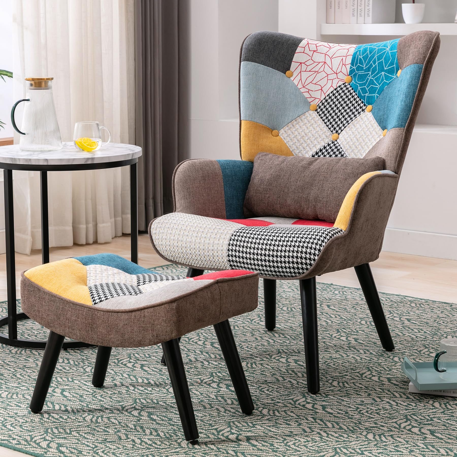 Relaxsessel mit Hocker Patchwork Sessel Holz Sessel Wohnzimmer moderner Ohrensessel mit Massivholzfüße Fernsehsessel Leinen Loungesessel Stuhl Braun
