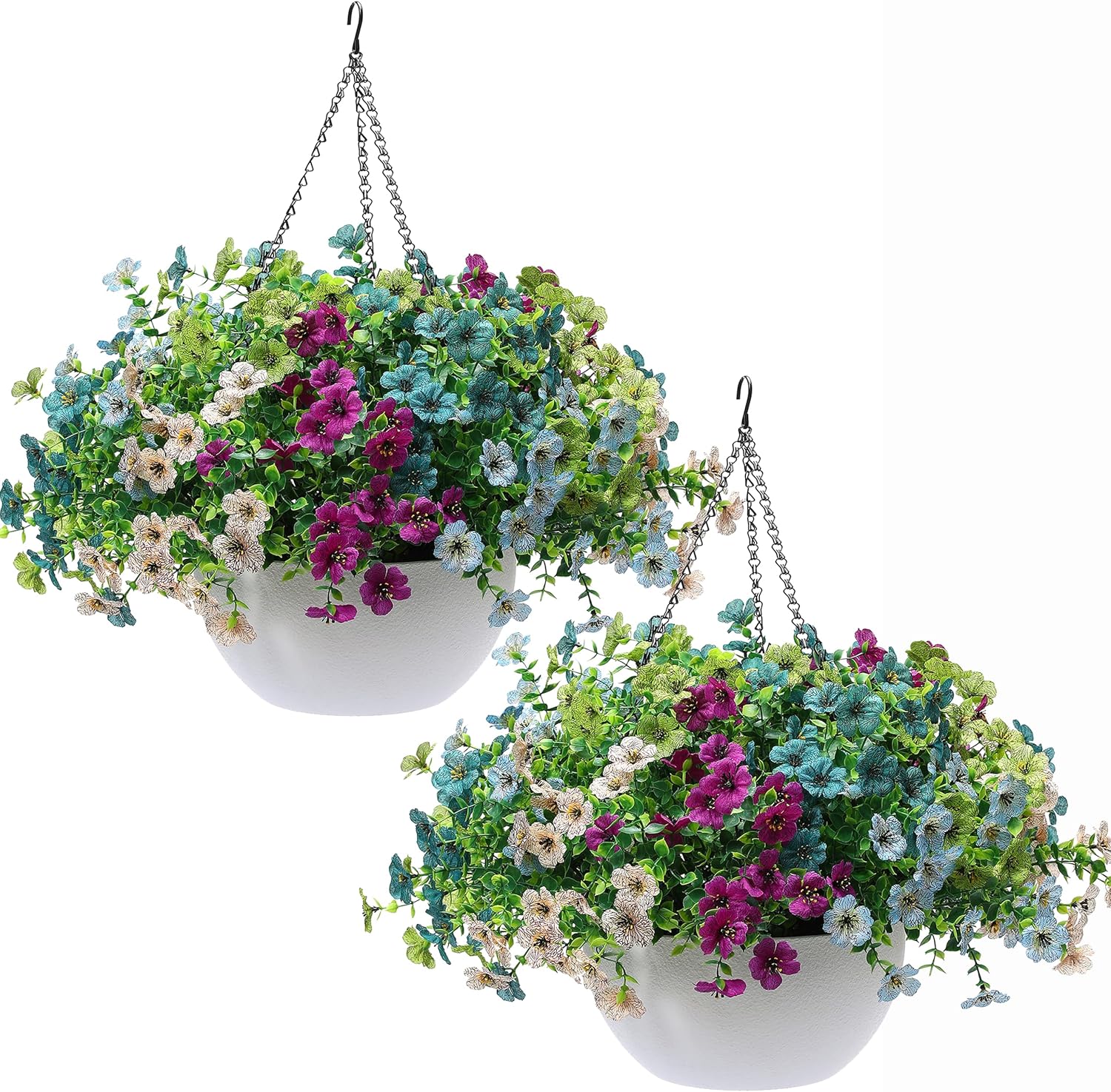 Artificial Hanging Flowers Basket for Outdoors, 30 Pack UV-Resistant Fake Colorful Silk Daisy Flowers (2 White Planters+30 Flowers(Green/Teal/Purple/Blue/Champagne))