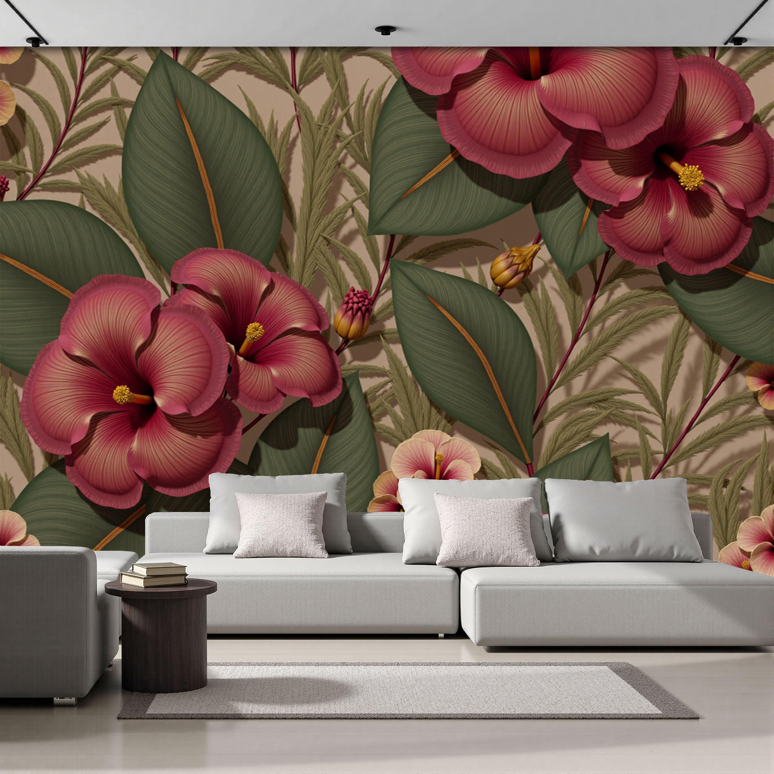 Papier peint panoramique hibiscus et feuilles vertes pour chambre cocooning