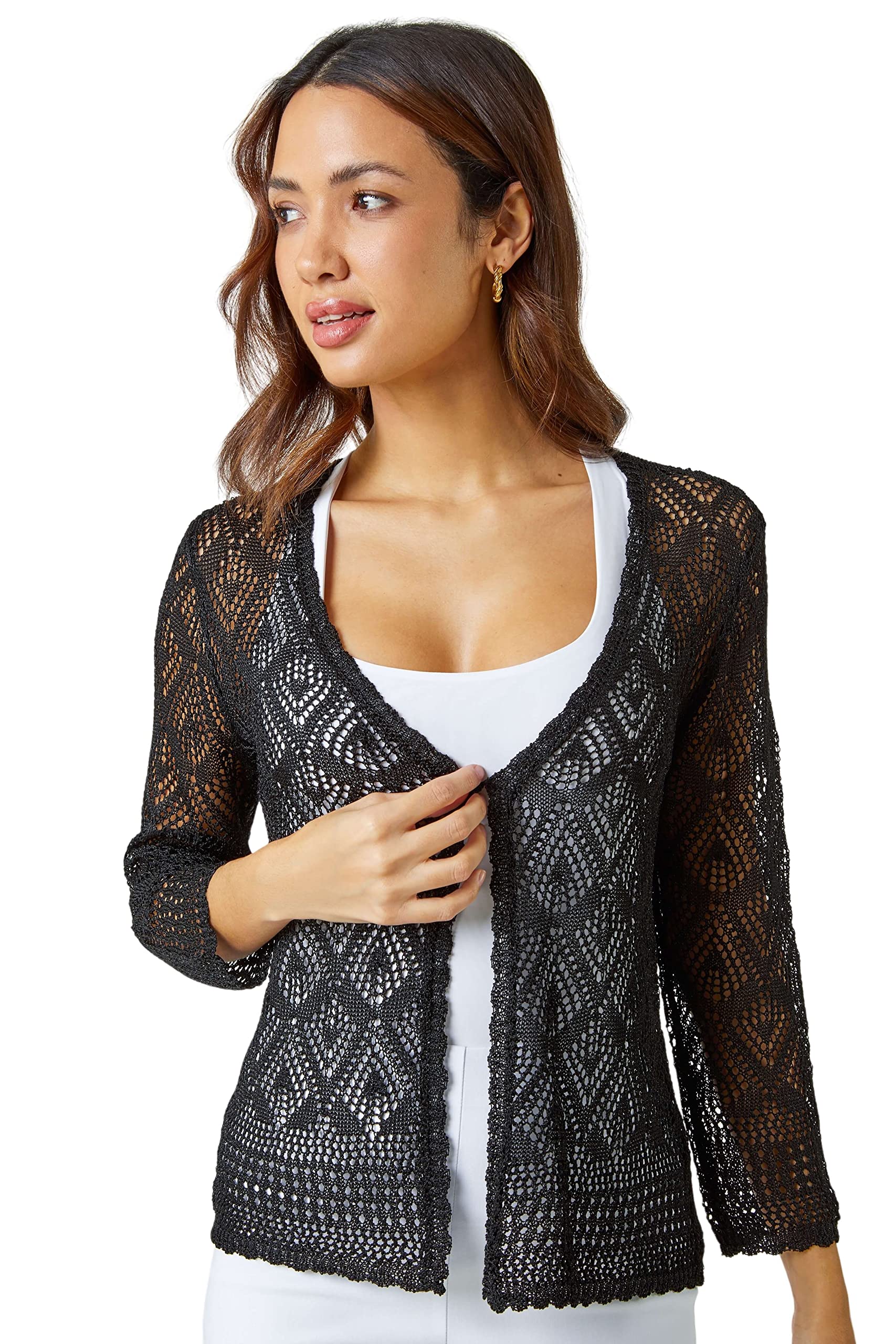 Roman Originals Knitted Crochet Shimmer Shrug for Women UK - Ladies Everyday Holiday Spring Summer V Neckline Comfy Soft Evening Vacation Work Party - Black - Size 18