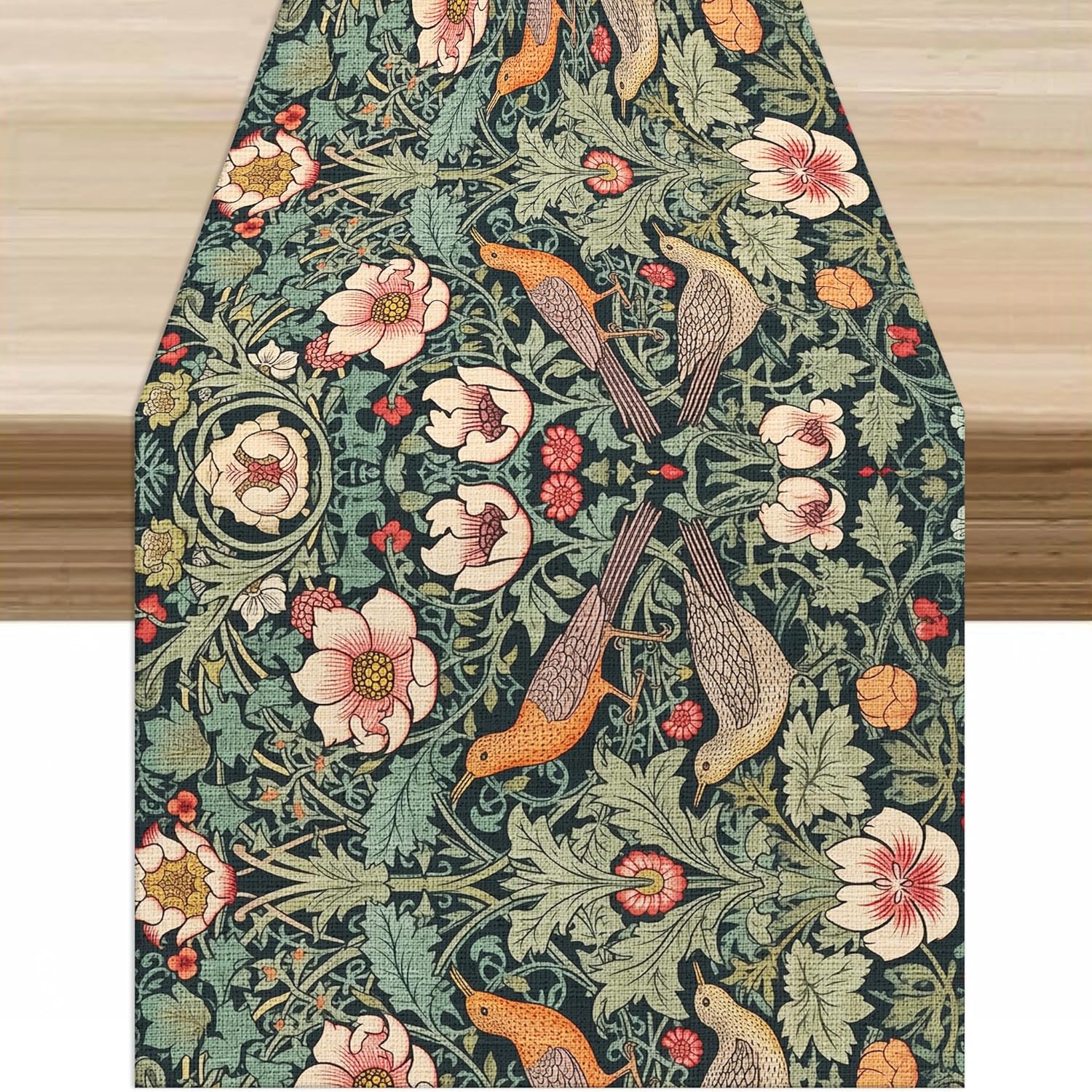 William Morris Table Runner, Vintage Rustic Green Old Flower Flower Plant Leaf Nature Bird Table Decor Tabletop Dining Kitchen Wedding Party 13x120 Inch