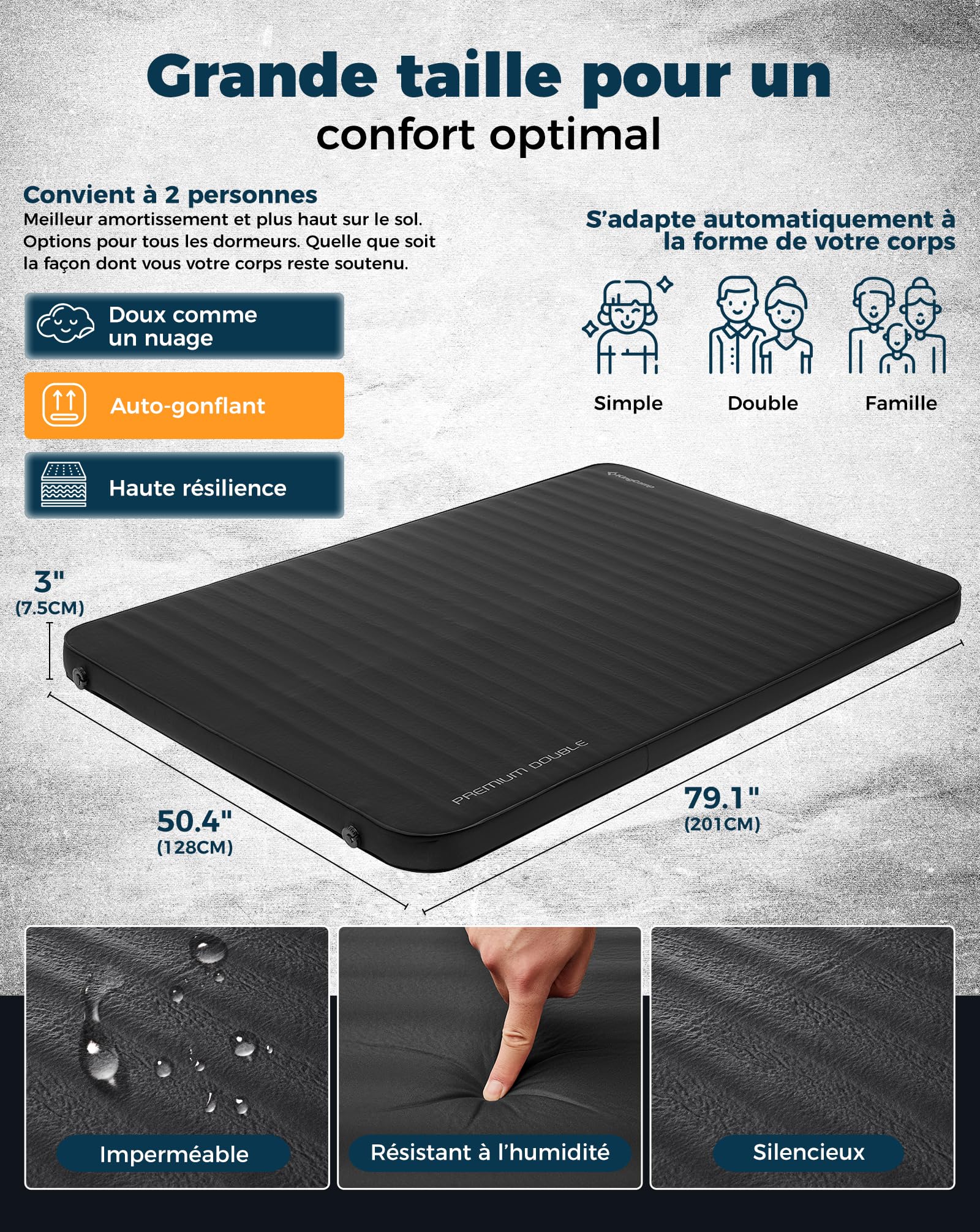 KingCamp Matelas de Camping Auto-gonflant - Matelas Gonflable en Mousse - Double (200,9 x 127,8 x 7,6 cm) - Portable - Grand Matelas épais et Chaud pour Camping, randonnée, Voyage, intérieur