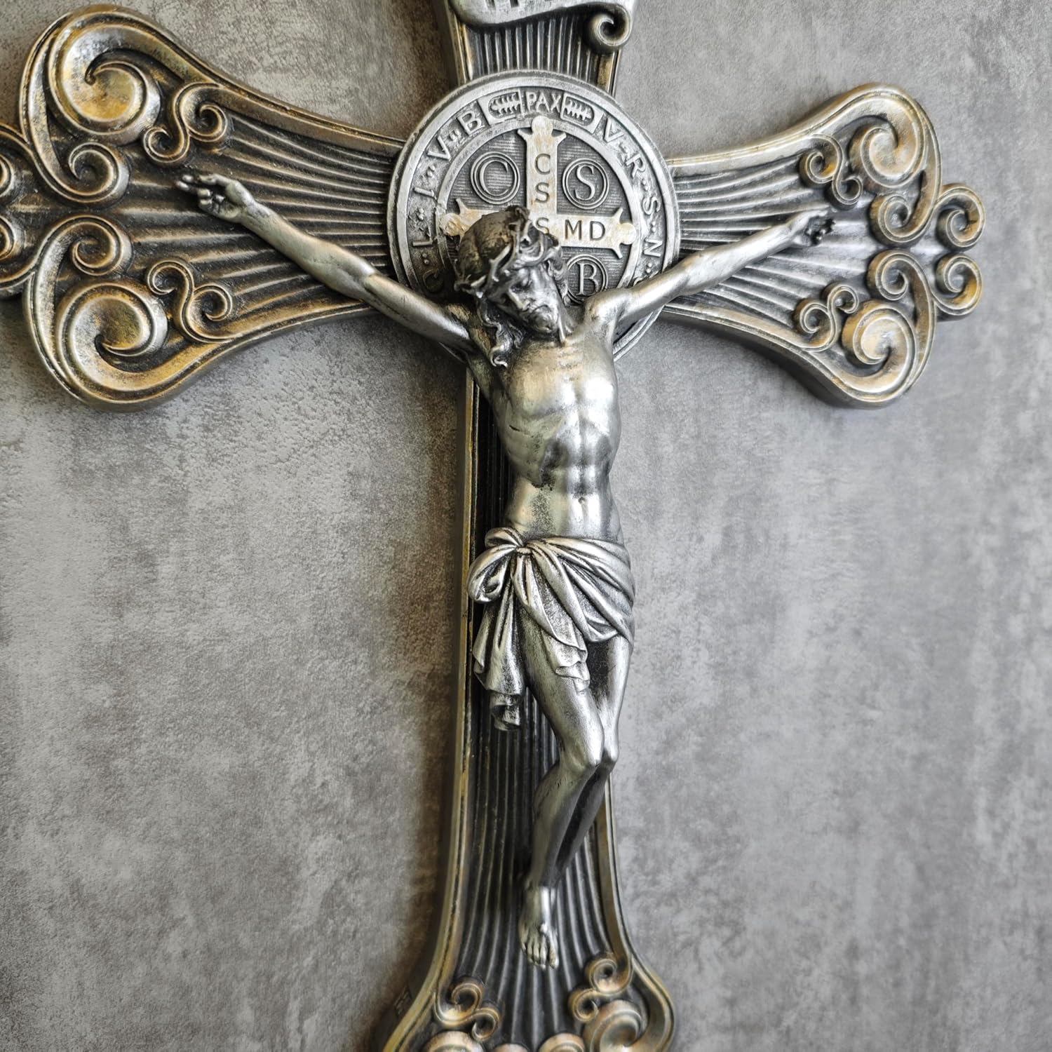 BC Catholic St Benedict Crucifix Wall Cross, Elegant Jesus Christ Home Decor, Religious Gifts, Renaissance Carve Look, Silver and Gold Color Finish, 12"H Hand Painted by Buildclassic