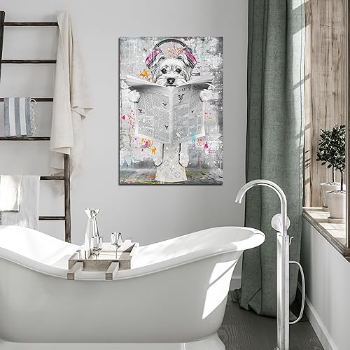 Miniatura 3 de ENTANUB Arte de pared de baño, divertido graffiti perro impresión impresión pintura para dormitorio, decoración de imagen en blanco y negro, tamaño
