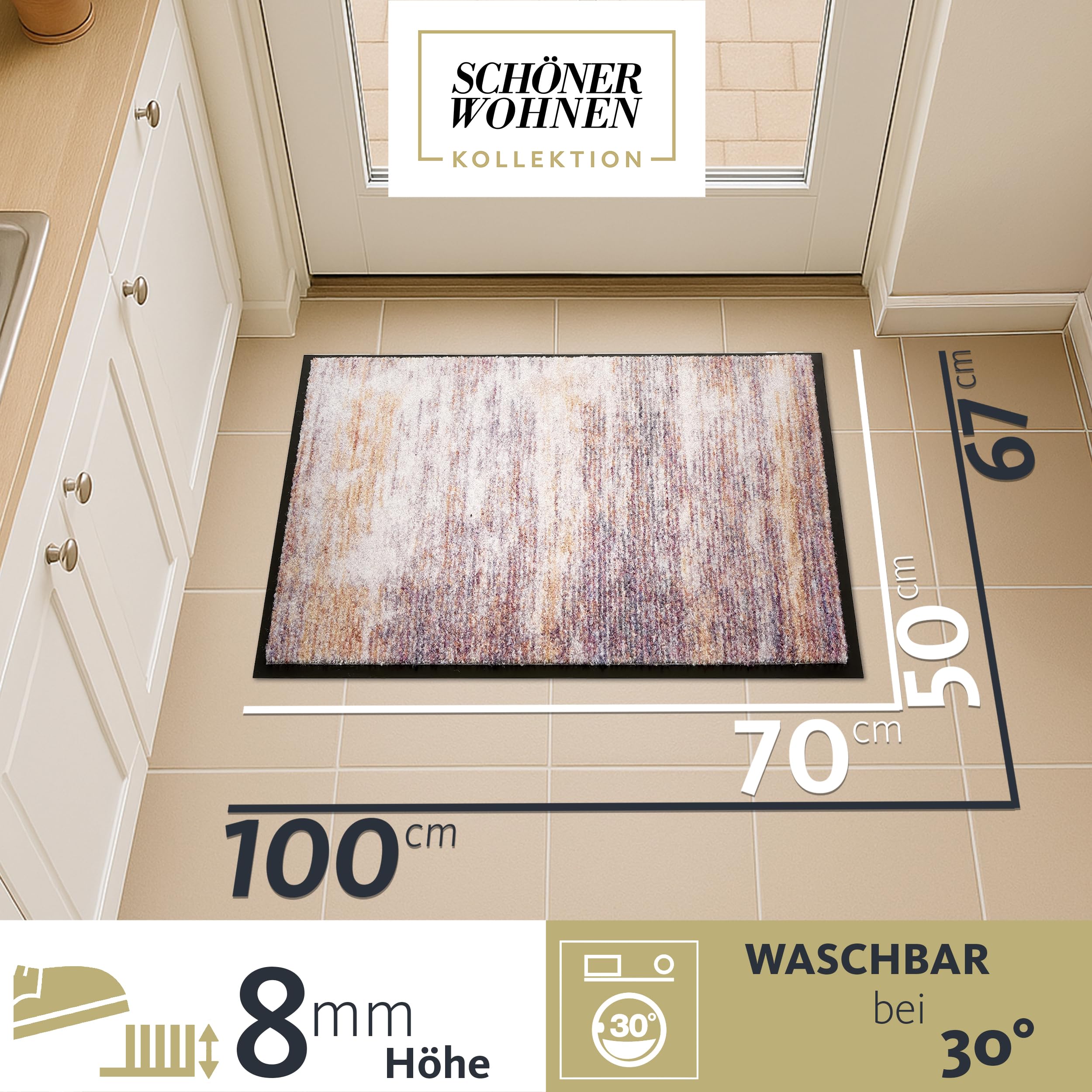 Schöner Wohnen Kollektion Paillasson d'intérieur - Tapis Anti-salissures 50 x 70 cm Rayures colorées - Paillasson d'entrée antidérapant - Tapis de Porte Lavable à 30 °C