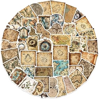 50PCS Vintage Map Stickers - Antique Nautical Compass World Map Decals for Journaling, Scrapbooking, Laptop, Water Bottle, Skateboard, Guitar Suitcase, DIY Crafts, Gift Wrapping, Travel Diary