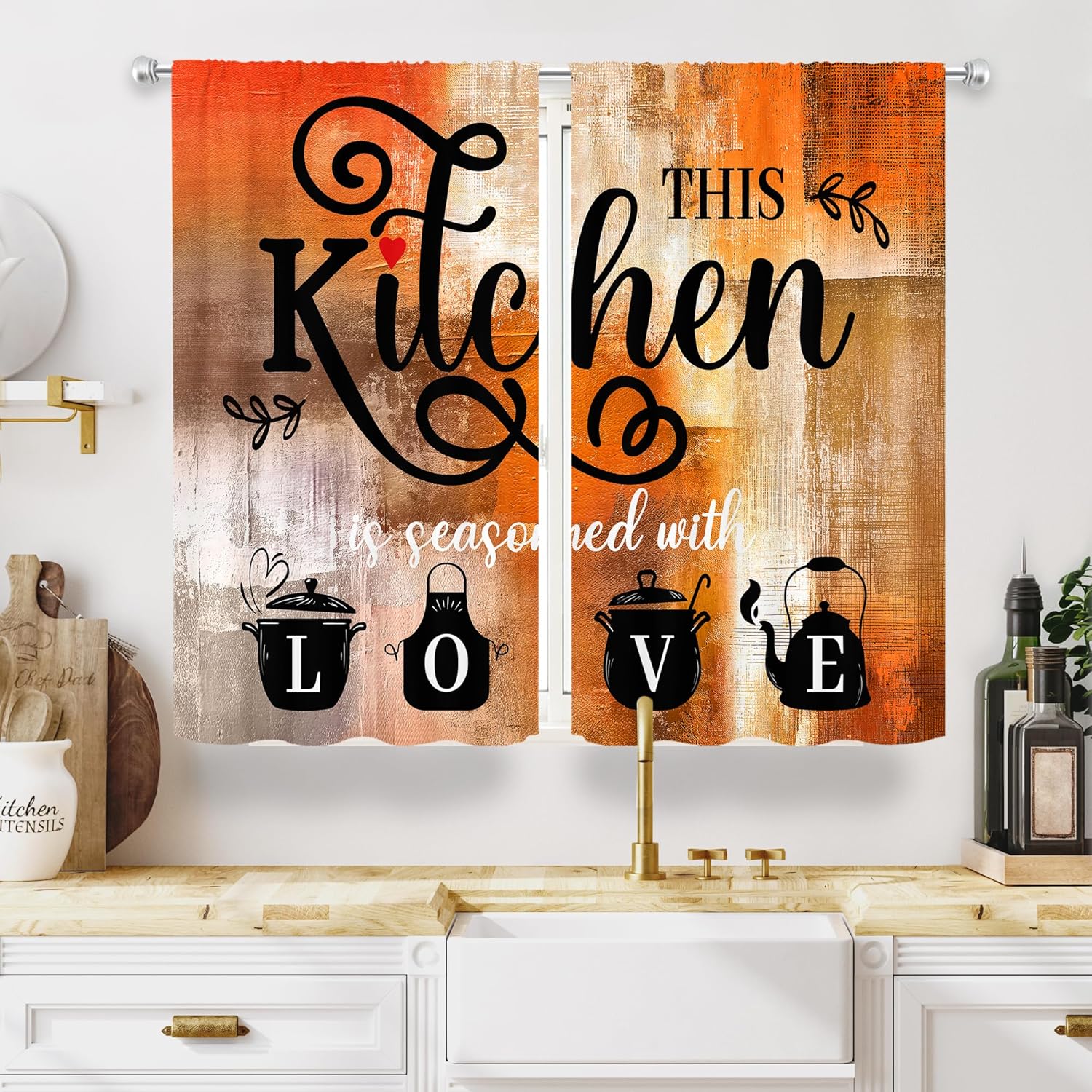 MESHELLY Orange Burnt Curtains 52Wx36H Inch Rod Pocket Abstract Vintage Rustic Farmhouse Brown Artistic Contemporary Bedroom Window Drapes Oil Painting Quotes Printed Living Room Window Treatment