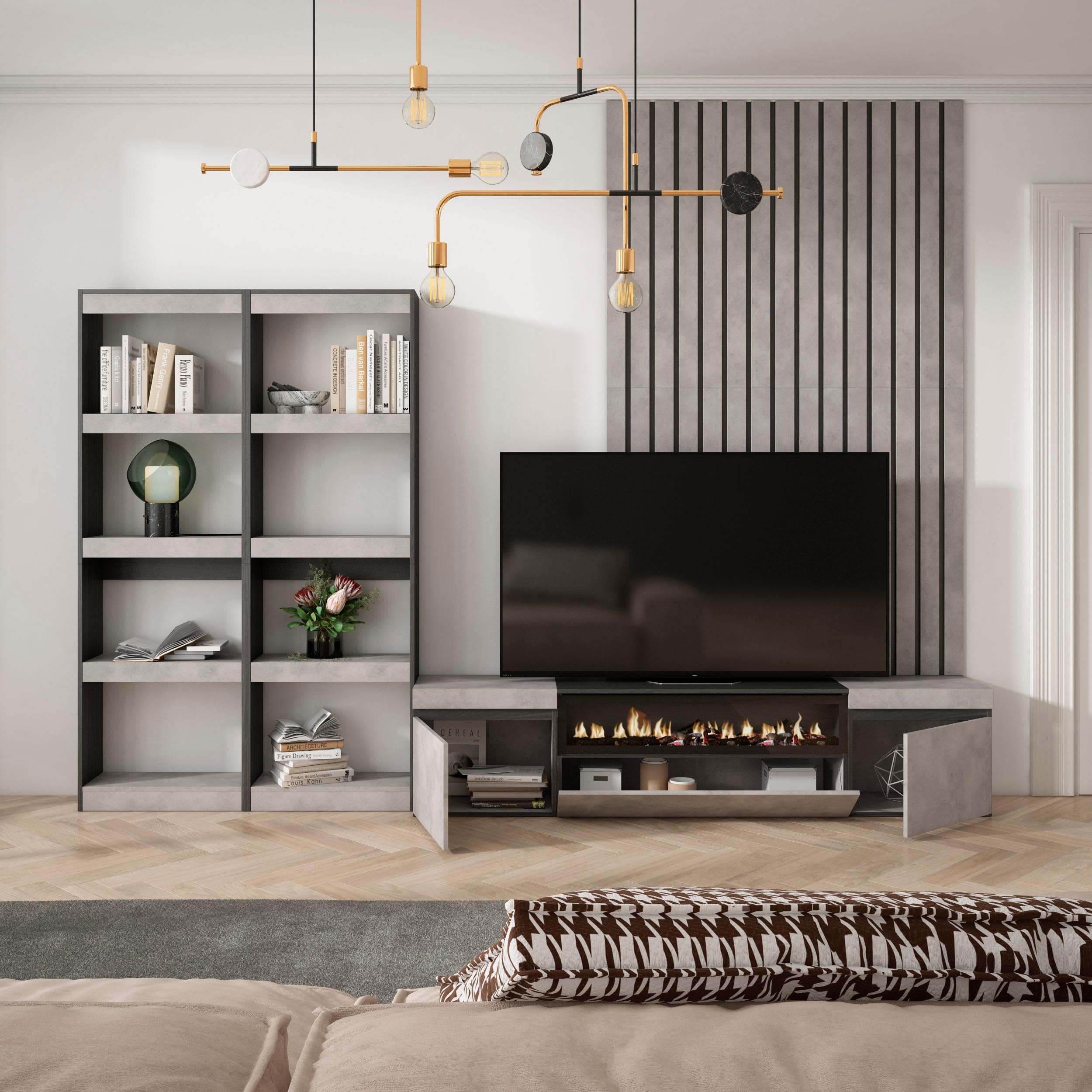 Soggiorno Con Camino Elettrico Skraut Home Olympo - 290x170x45 Cm, Effetto Fiamma LED, Bianco/Nero, Moderno - Foto 4