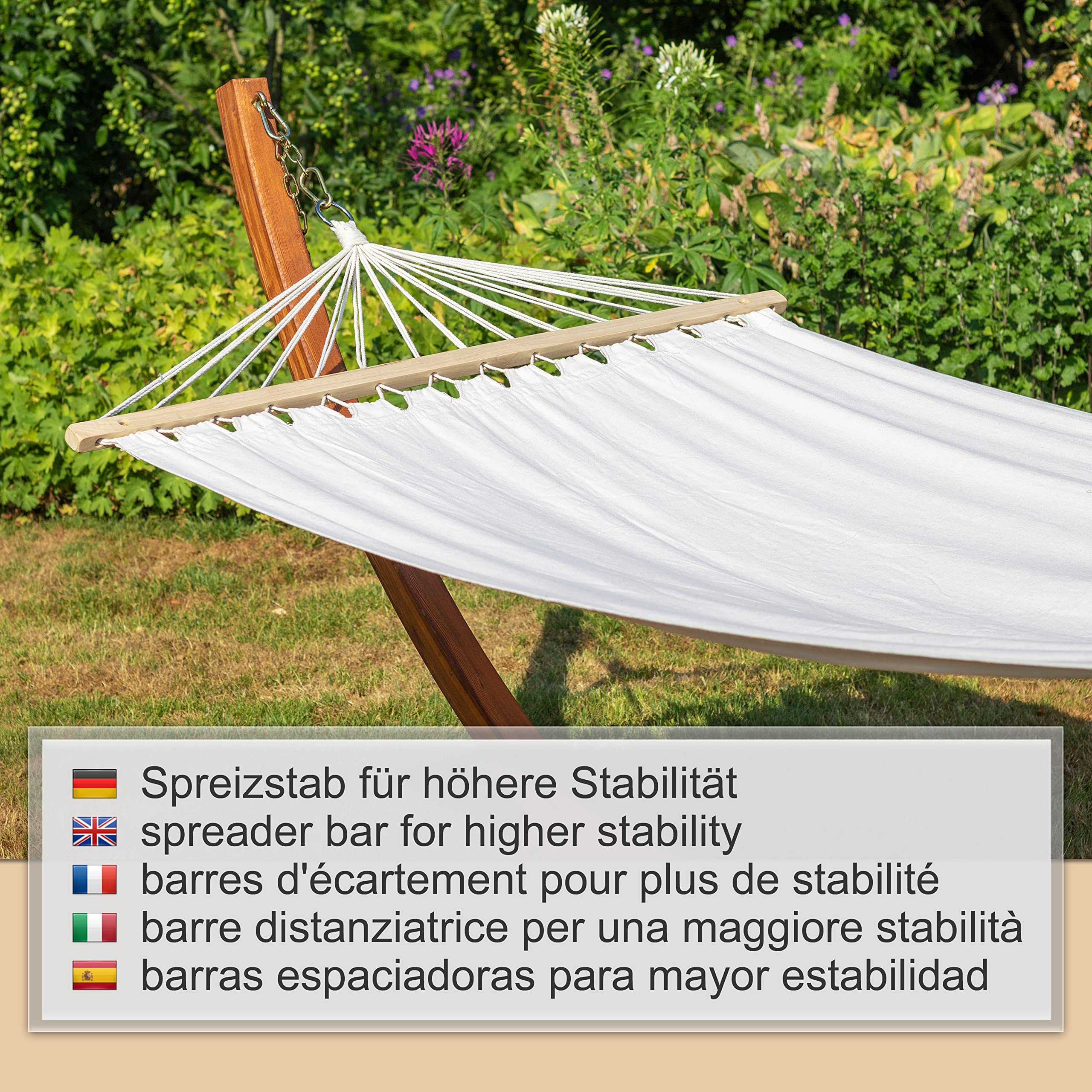 Ampel 24 Outdoor Hängematte mit Gestell und Sicherung, Hängemattengestell Holz Eukalyptus - Stabhängematte wollweiß Baumwolle, Braun/Reisweiß (310 cm)
