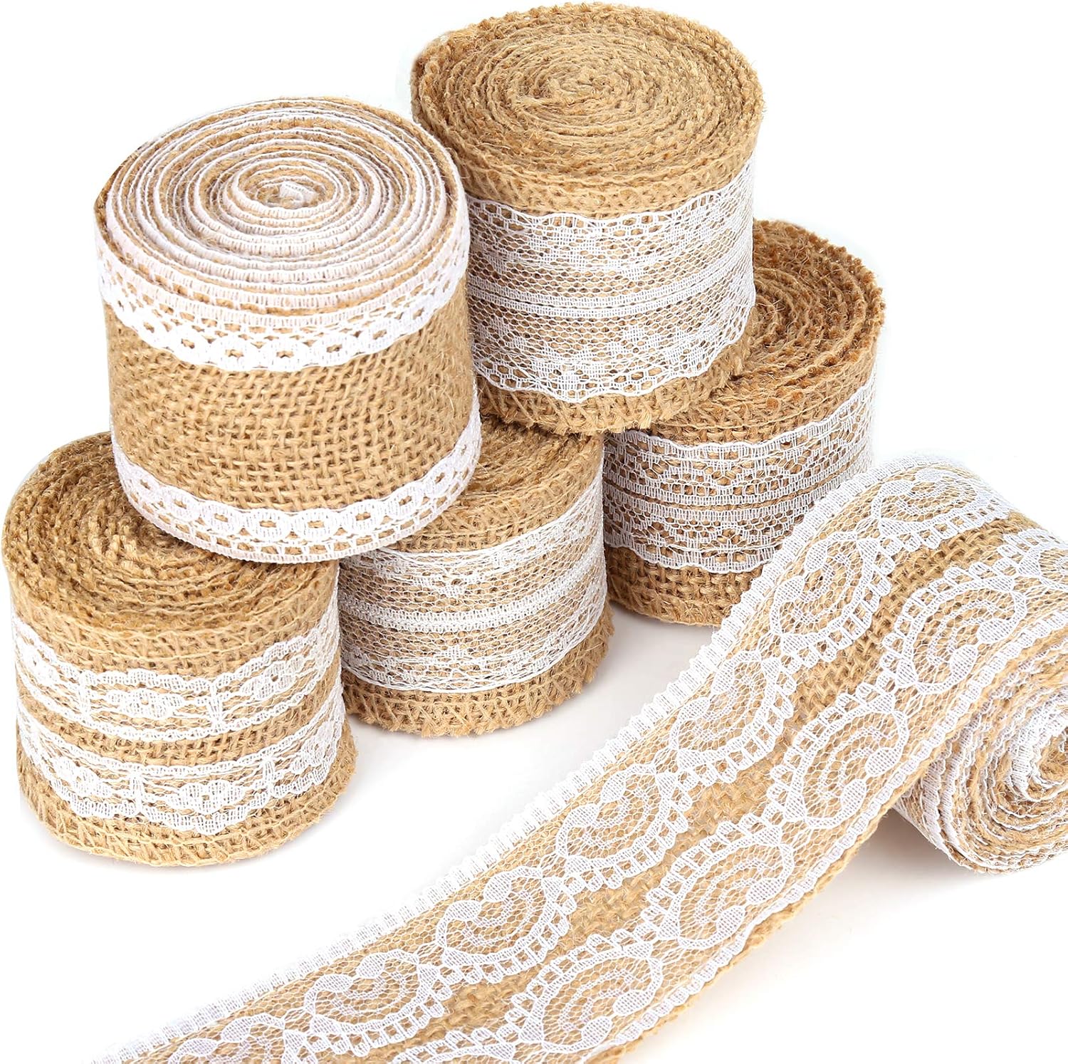LEOBRO 6Pcs Natural Burlap Lace Craft Ribbon Roll, 12 Yards DIY Handmade Crafts Lace Wedding Favor Decoration Shipping by FBA