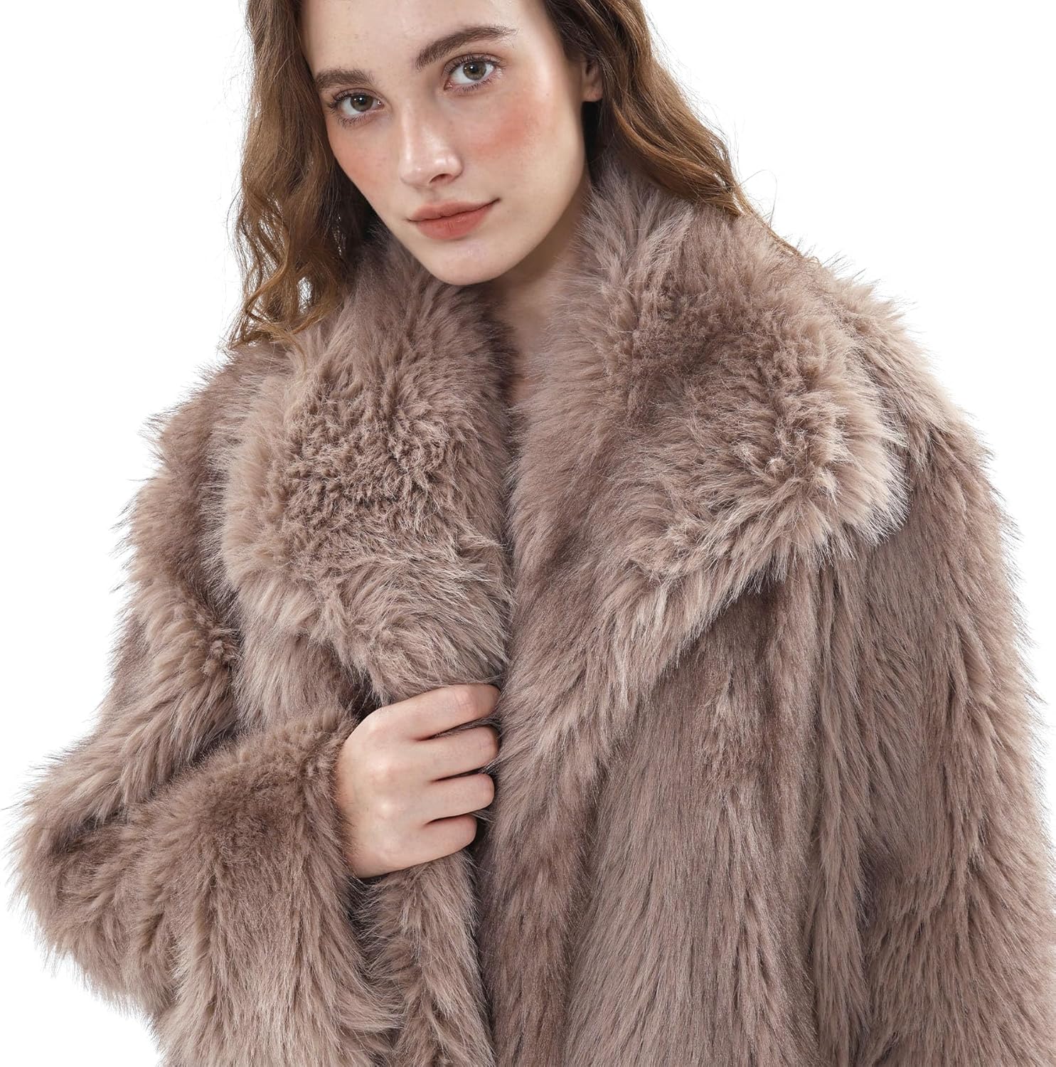 Amazhiyu Women's Faux Fur Jacket Long Open-front Coat Winter Lapel Outerwear