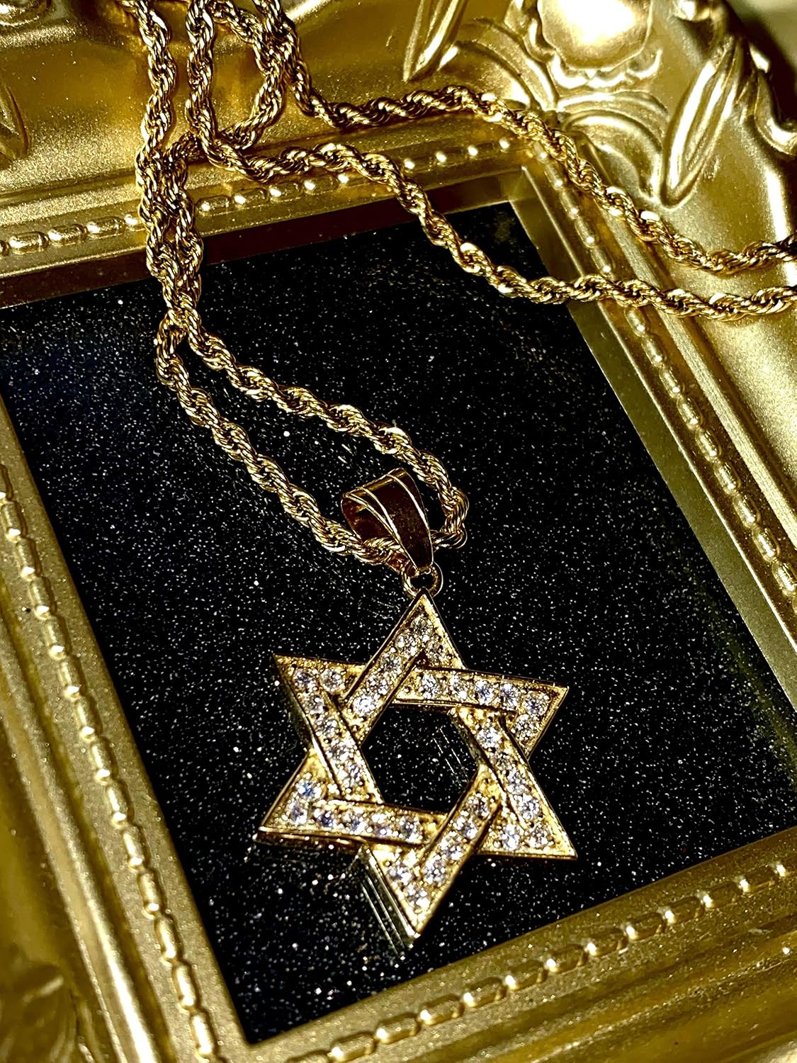Star of David & Eye of Horus Pendant Necklace – Men & Women 14k Gold Finish, Iced Out Pyramid Medallion, 925 Italy Stainless Steel, 2.5mm Rope Chain
