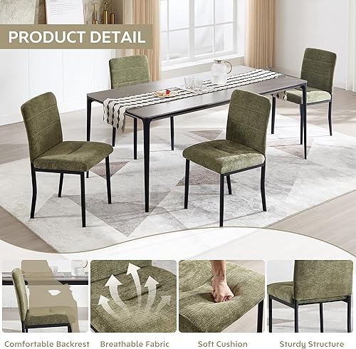 Miniatura 7 de Juego de 3 sillas de comedor modernas tapizadas de terciopelo sin brazos con patas de metal, pies ajustables para comedor y cocina (verde, 3 piezas)