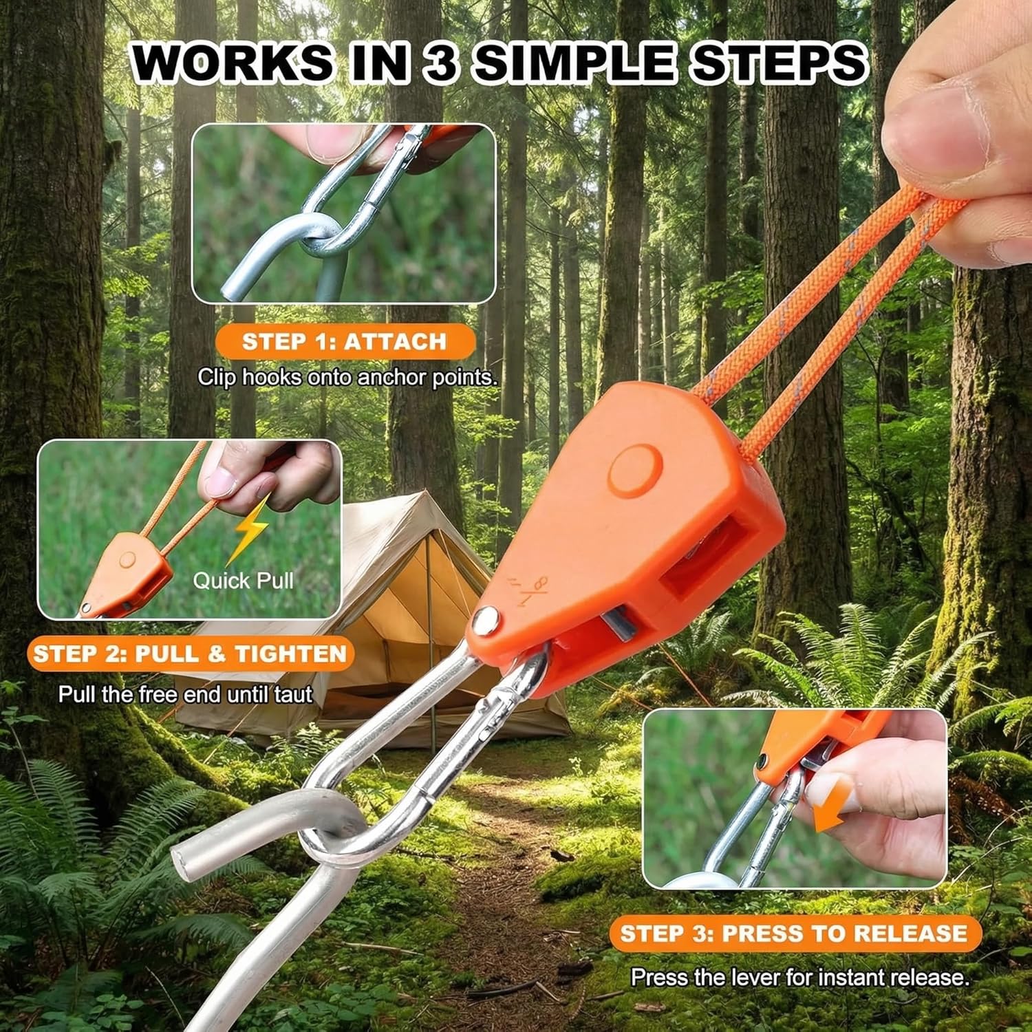 Ratchet Tie Down Straps, Retractable Heavy Duty Rope Pulley System with Carabiner Hook for Kayak Hanging Plants Grow Light Tents and Storage Use, 6 Pack 13ft Orang