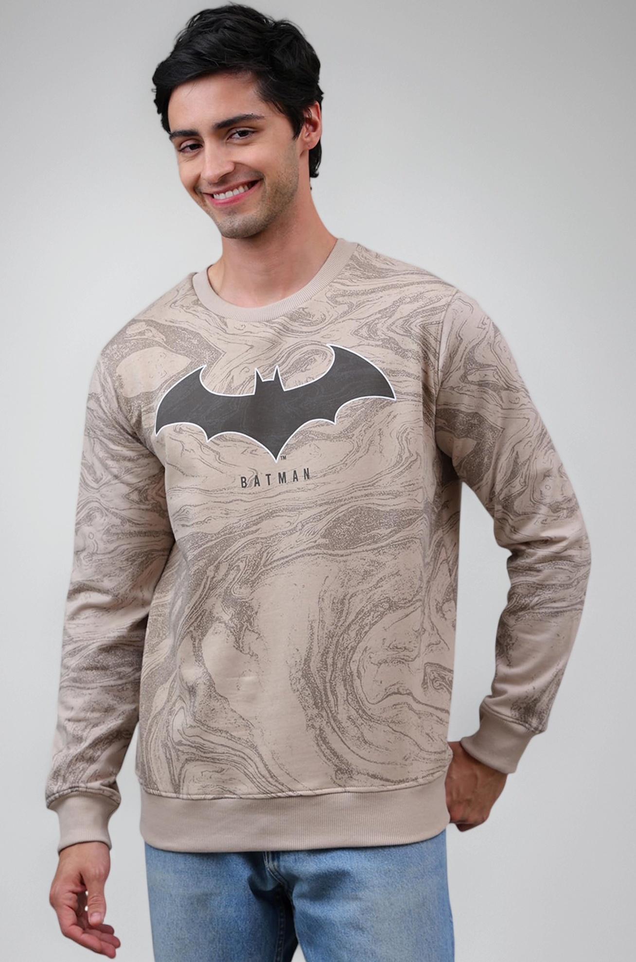 Official DC Comic Batman Graphic Printed Regular Fit Beige Sweatshirt for Men