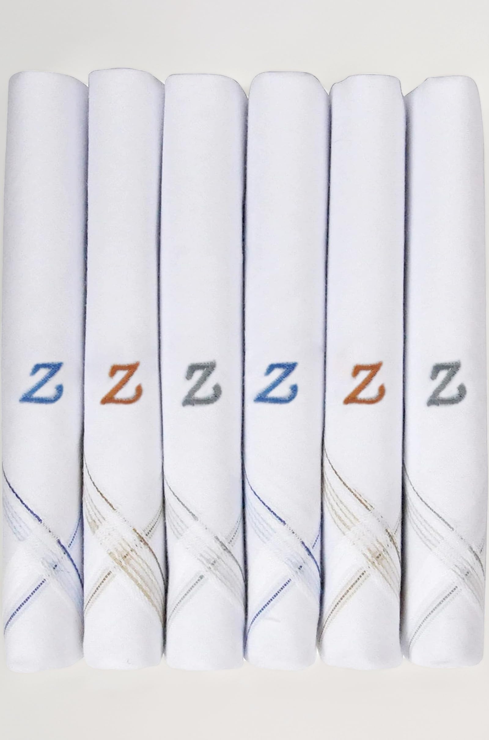 Caruso Italy Men's Initial Monogram (A-Z) Embroidery 100% Pure Cotton Handkerchief White Base With Colored Border - Pack Of 6