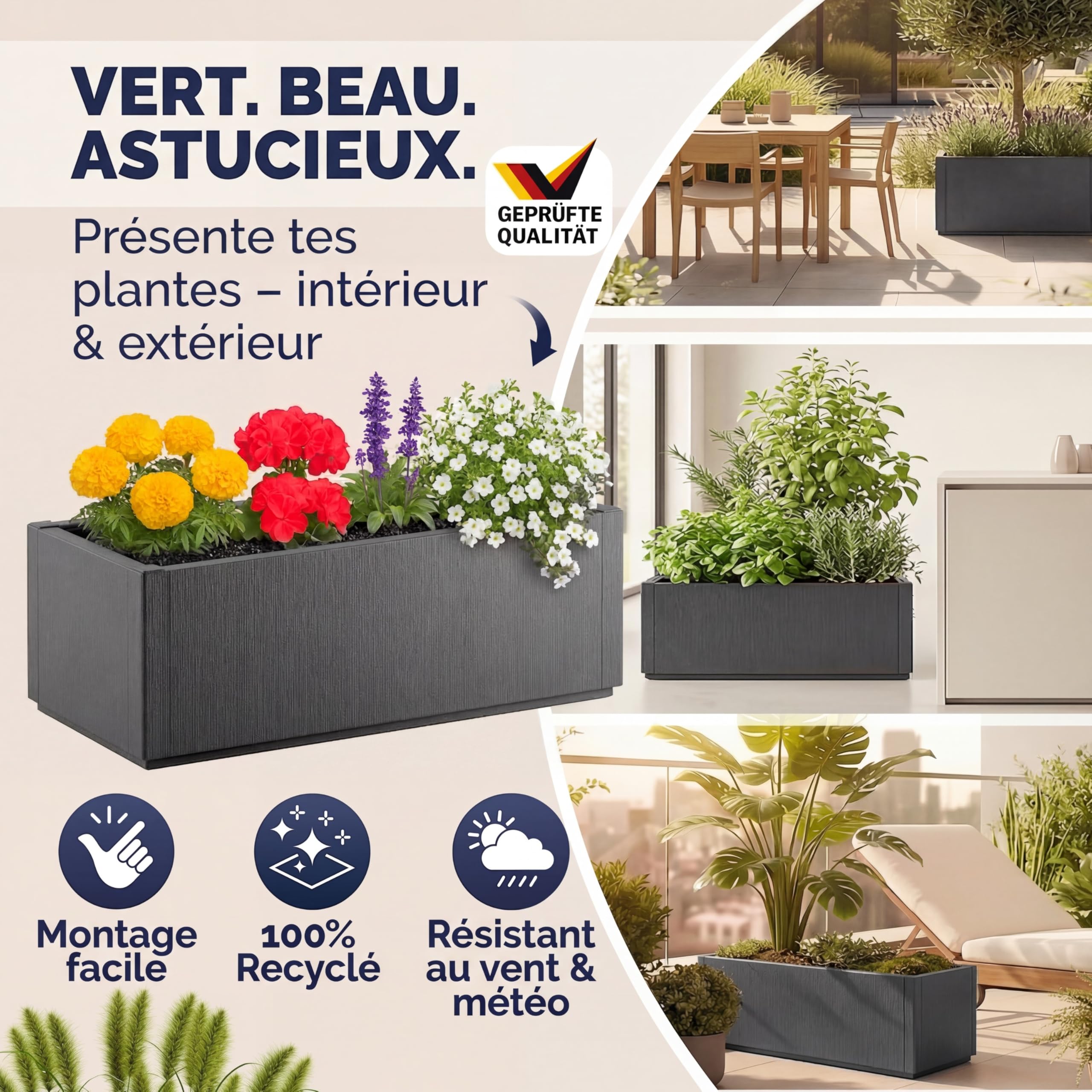 Casaria® 2X Jardinière Ethica Anthracite 80x36x36cm 80L résistante Fond d'écoulement Bac à Fleurs Pot de Fleurs Jardin Balcon